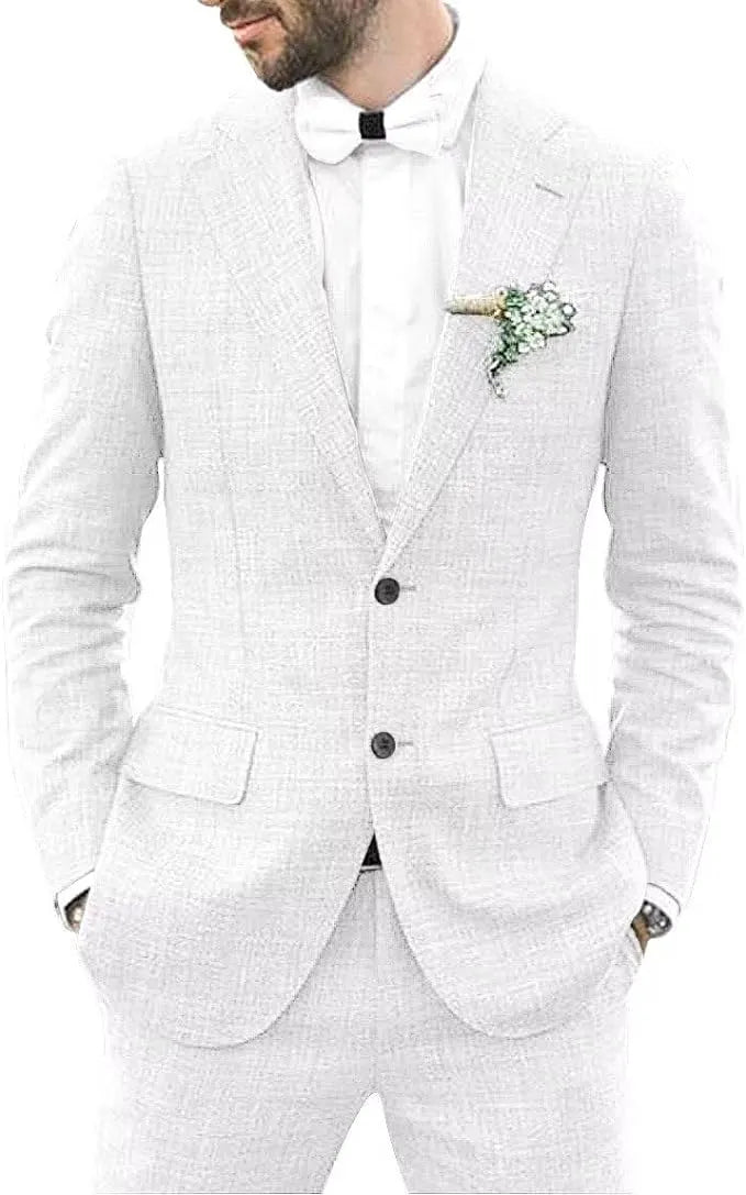 white men's linen 2 piece slim fit suit with shorts, styled with boutonniere for casual wedding style