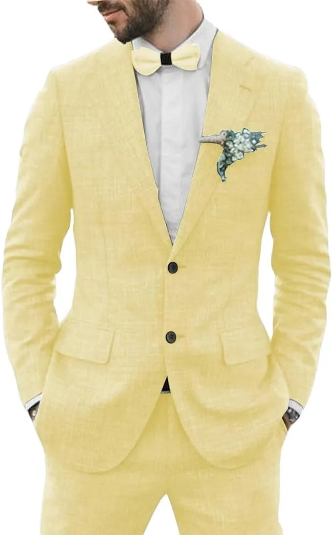 vibrant yellow men's linen 2 piece slim fit suit with shorts, styled with white shirt combo for summer events