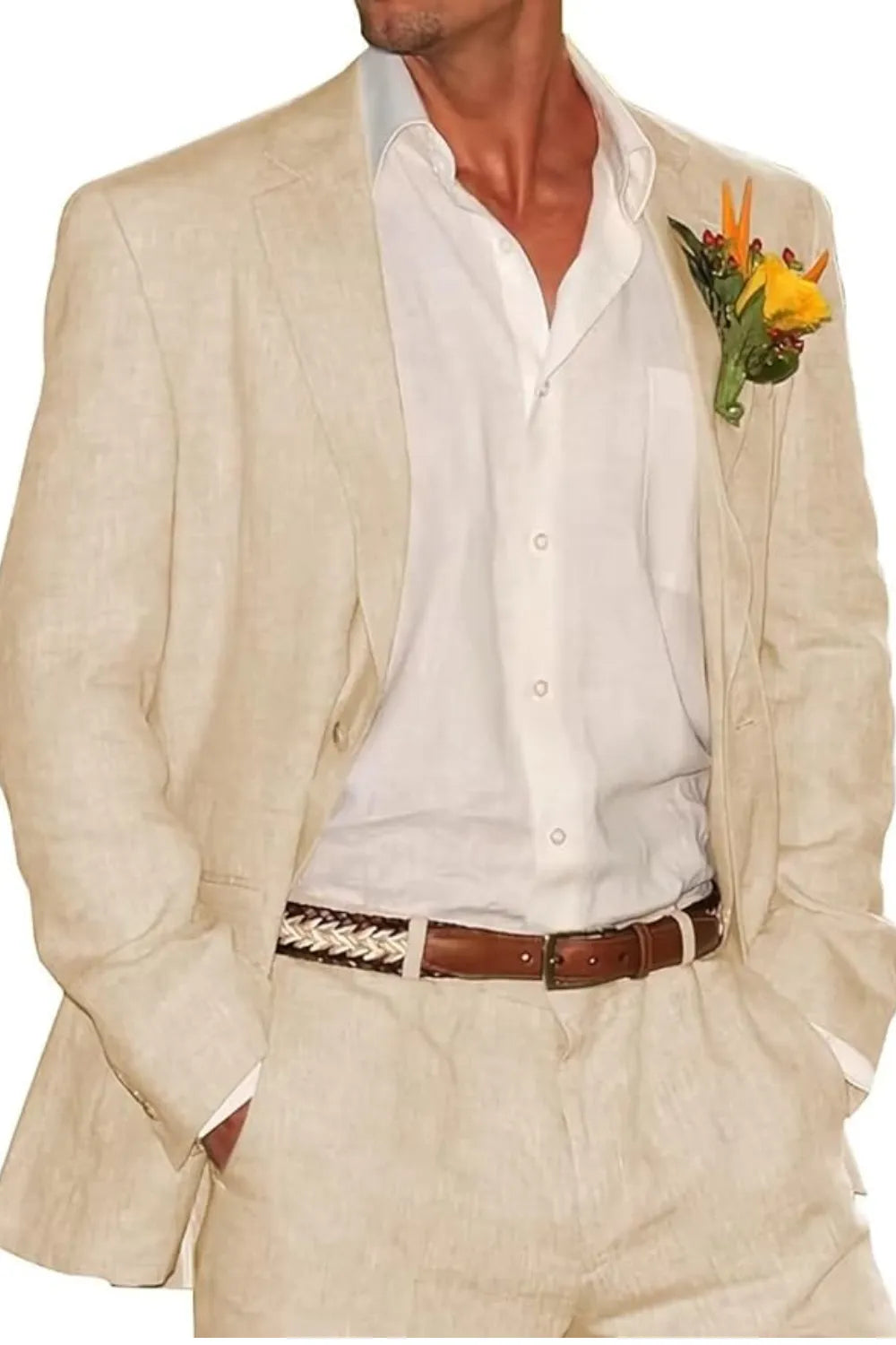 Front view of beige linen 2 piece suit with peaked lapel blazer and pants, styled with white shirt for summer beach wedding