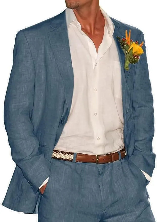 Elegant dusty blue linen 2 piece suit – lightweight summer blazer and trousers styled for outdoor beach event