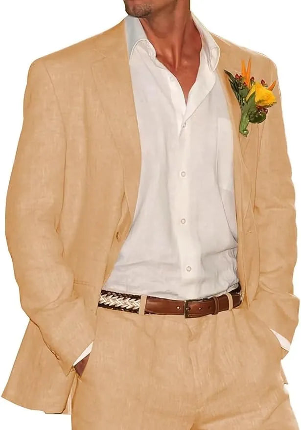 Elegant khaki linen 2 piece summer suit – tailored blazer and trousers styled for beach event