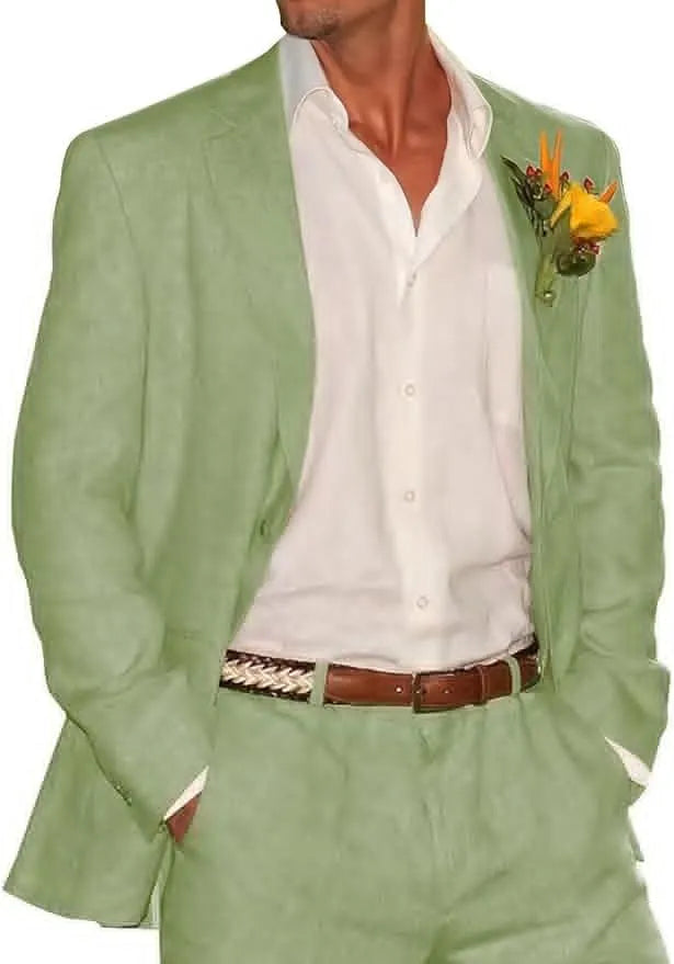 Elegant sage green linen 2 piece summer suit – blazer and trousers styled for outdoor beach event