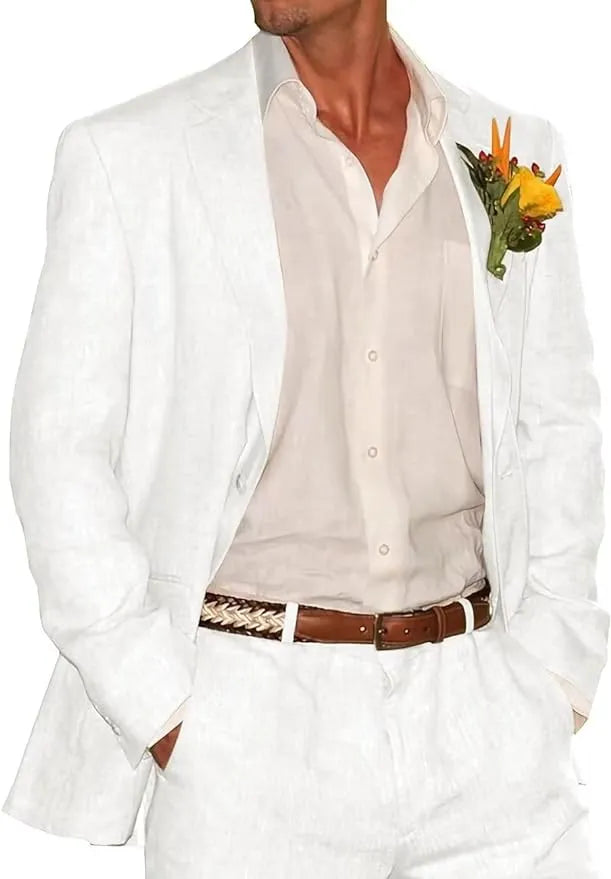 White linen 2 piece men's suit with peaked lapel blazer and trousers styled with white shirt for wedding