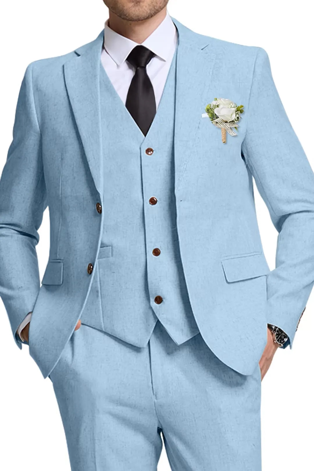 Baby Blue Linen 3 Piece Wedding Suit for Men – Slim Fit Blazer, Vest & Pants – Wehilion® ™