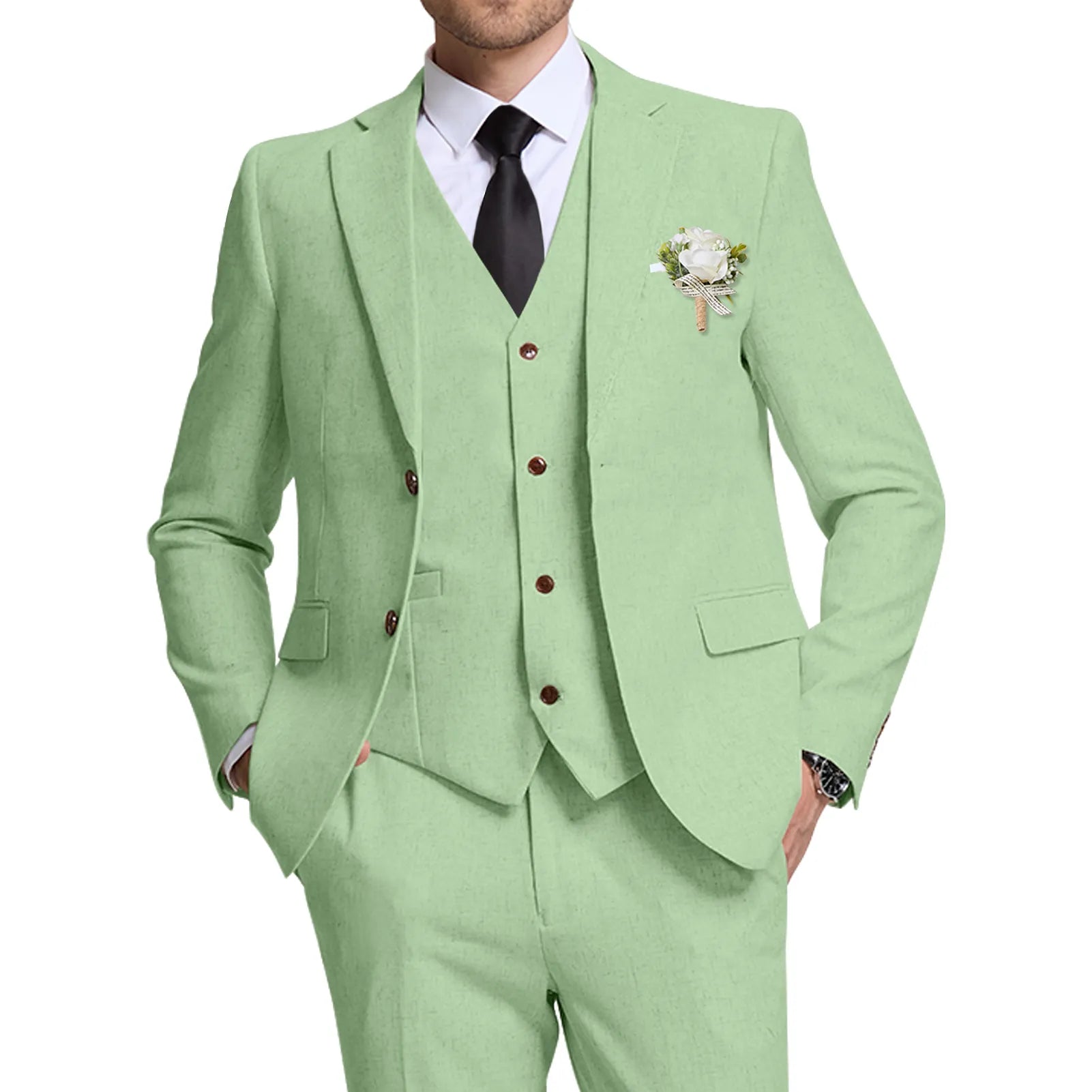 Wehilion® ™ bamboo green 3 piece summer suit for men – close-up of breathable linen fabric and floral boutonniere