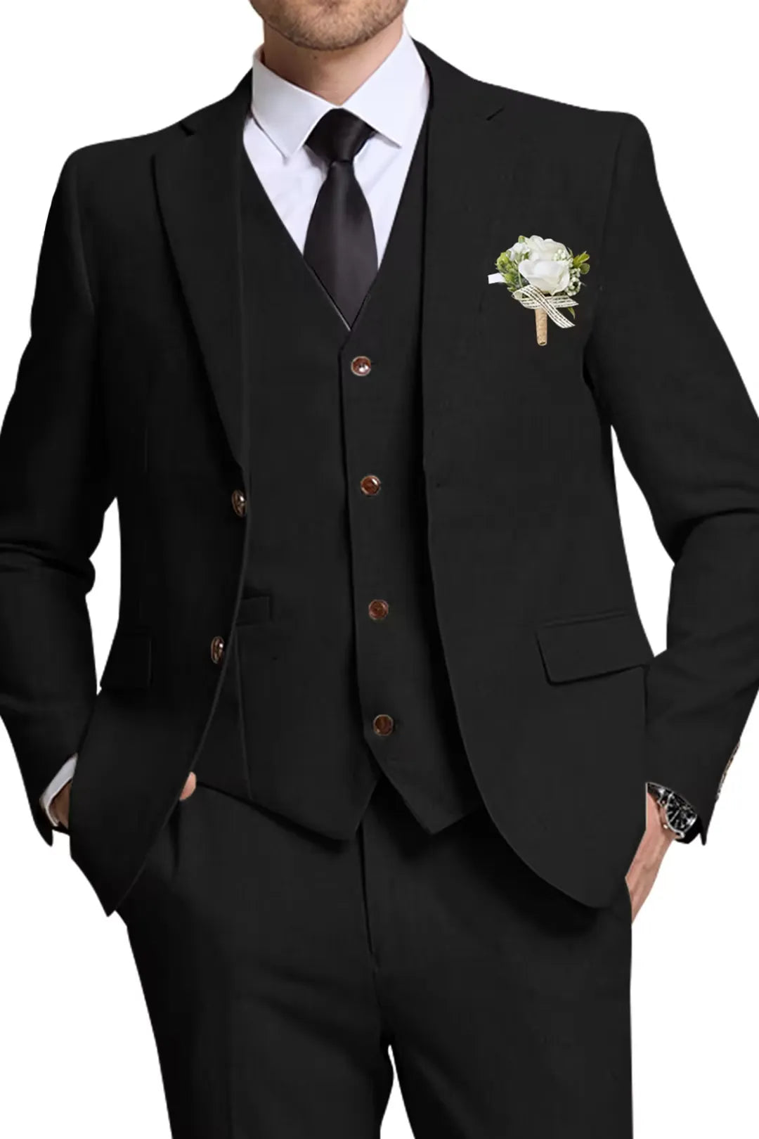 Black Linen 3 Piece Wedding Suit for Men – Slim Fit Blazer, Vest & Pants – Wehilion® ™