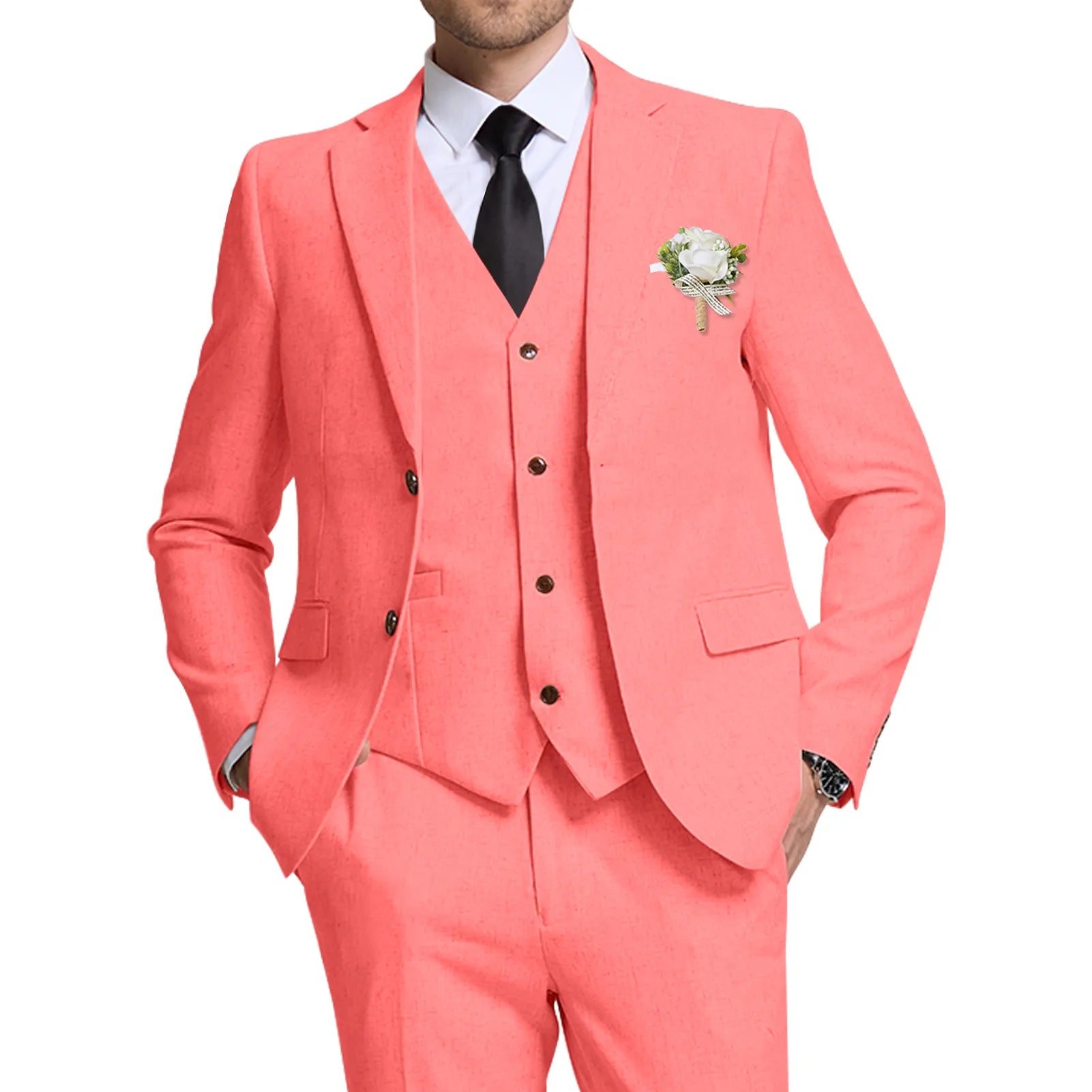 Wehilion® ™ coral linen wedding suit for men – front view with blazer, vest, and pants