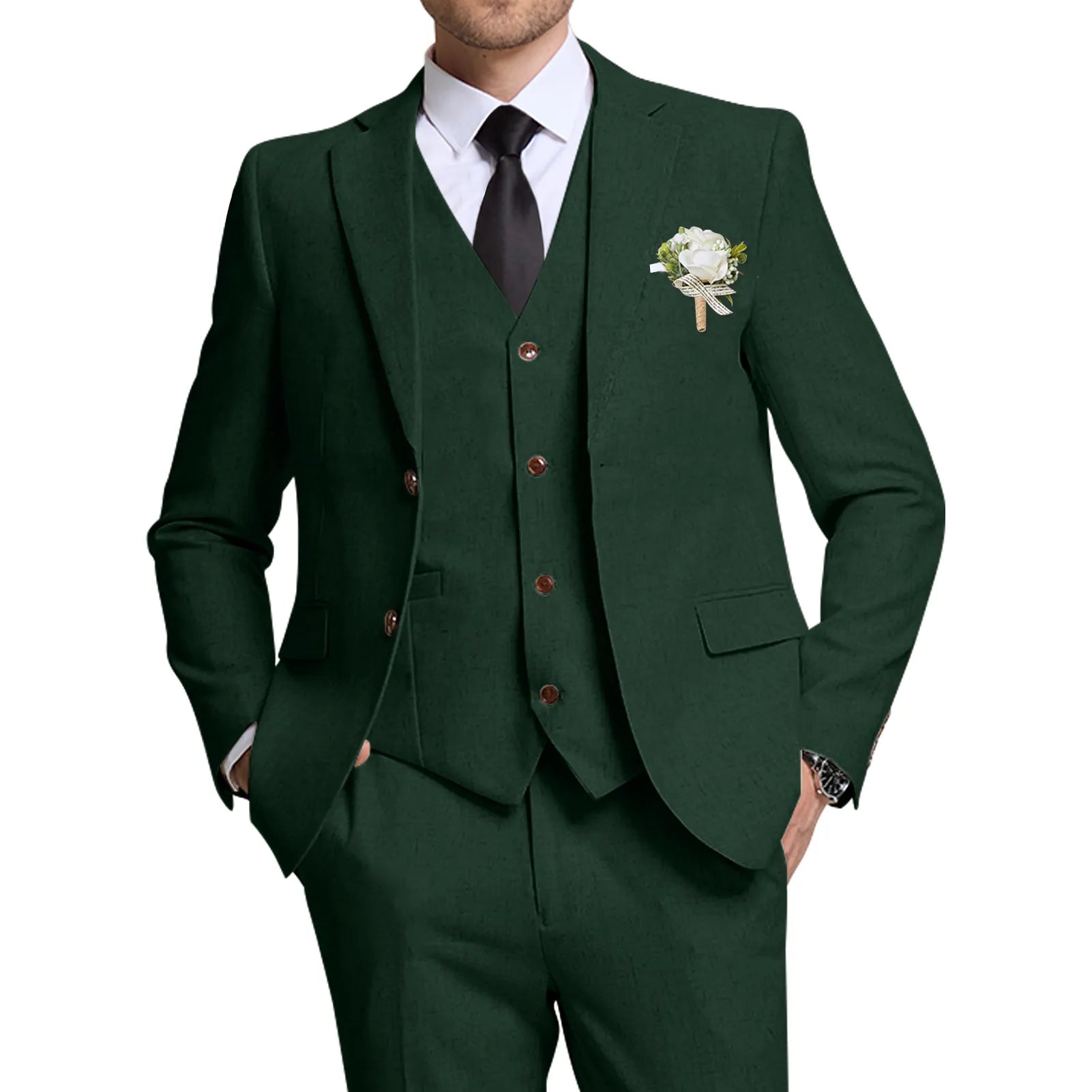 Wehilion® ™ dark green linen wedding suit for men – front view with blazer, vest, and pants