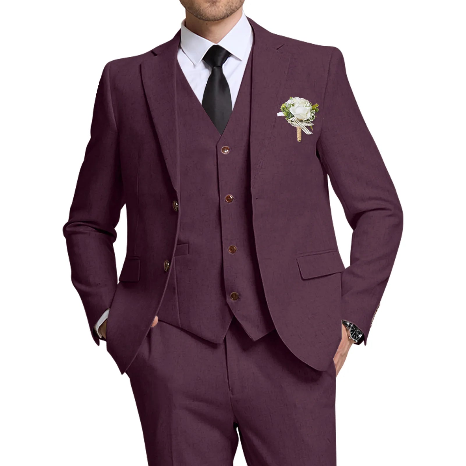 Wehilion® ™ grape 3 piece summer suit for men – close-up of breathable linen fabric and floral boutonniere
