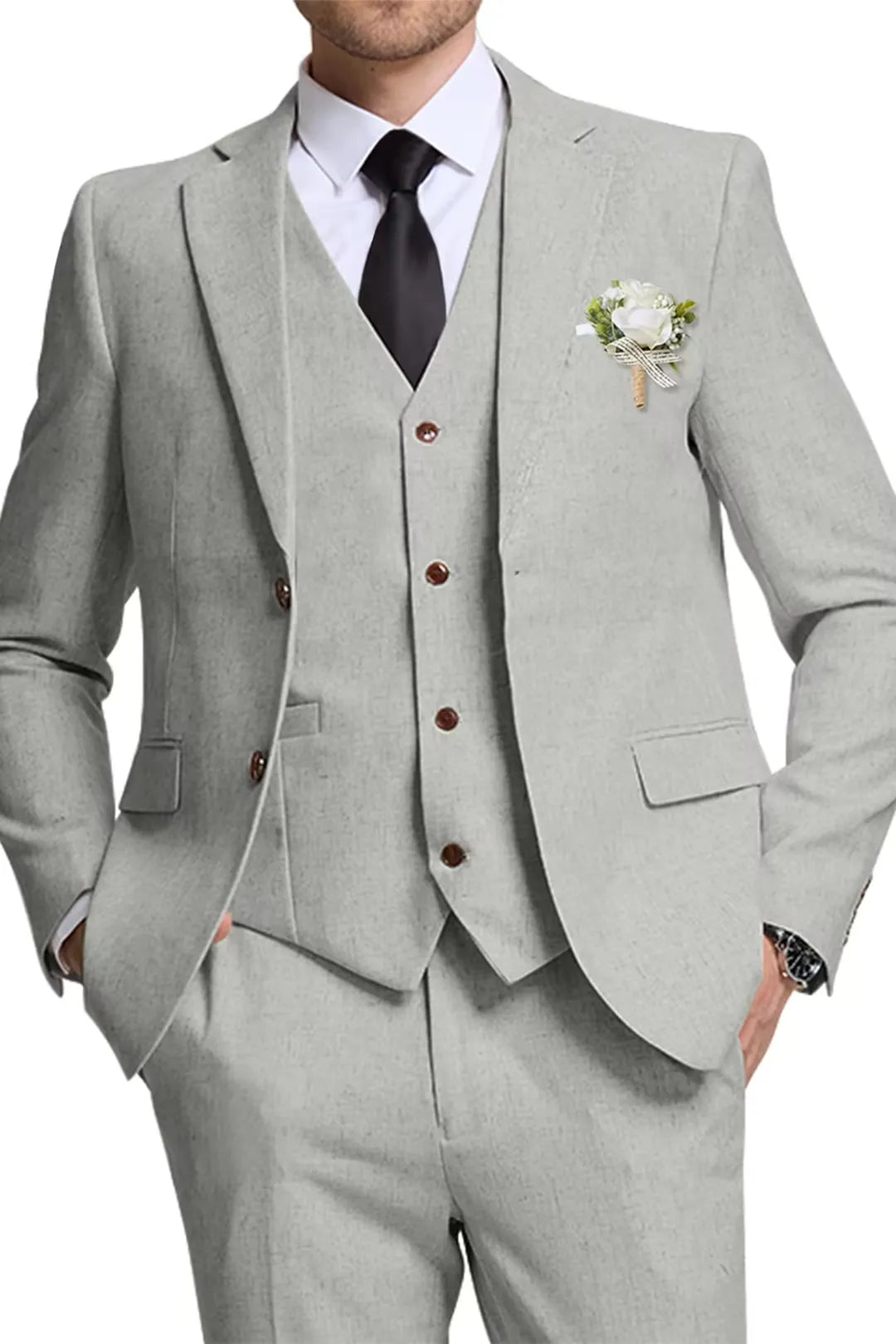 Grey Linen 3 Piece Wedding Suit for Men – Slim Fit Blazer, Vest & Pants – Wehilion® ™