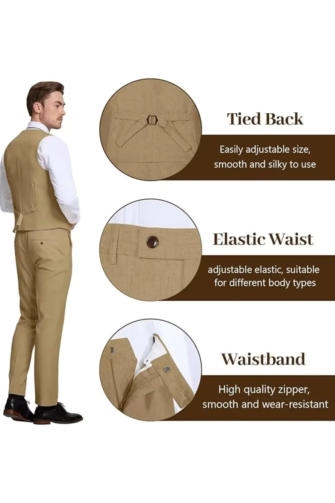 Khaki Lightweight Linen Suit for Groom – Breathable 3 Piece Outfit with Blazer & Vest – Wehilion® ™