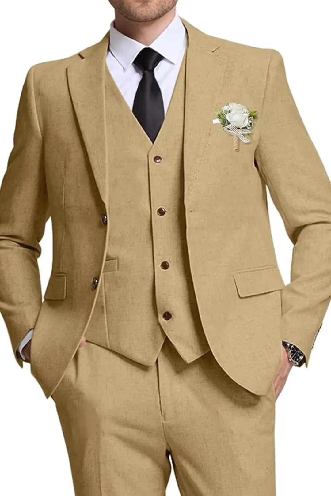 Khaki Linen 3 Piece Wedding Suit for Men – Slim Fit Blazer, Vest & Pants – Wehilion® ™