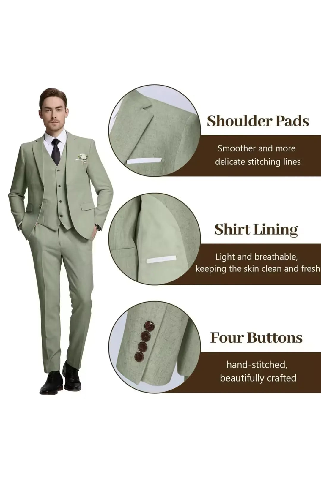 Light Green 3 Piece Linen Suit with Shoulder Pads, Breathable Lining, and Hand-Stitched Buttons – Wehilion® ™