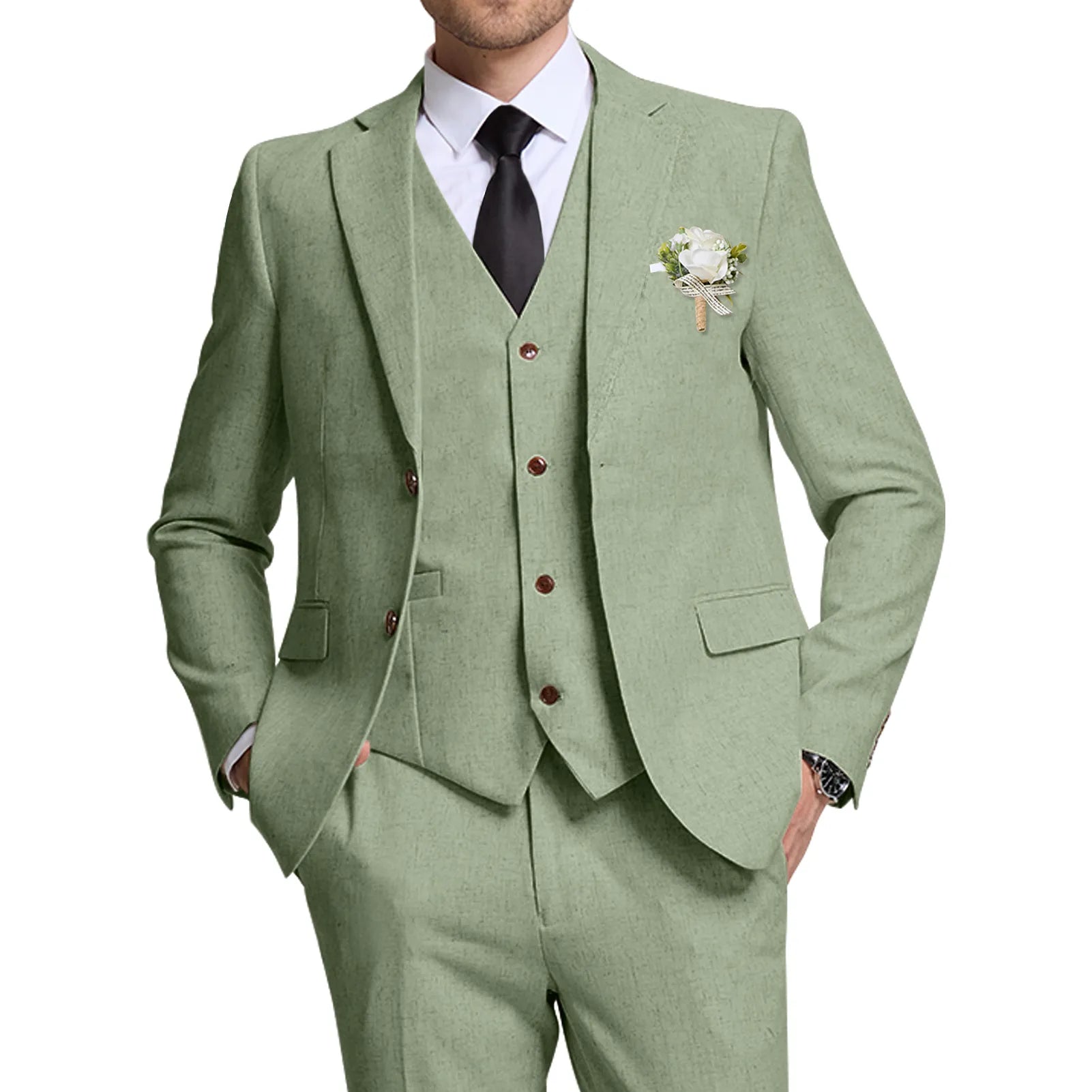 Light Green Linen Slim Fit Suit with Blazer, Vest & Boutonniere – Ideal for Summer Weddings – Wehilion® ™