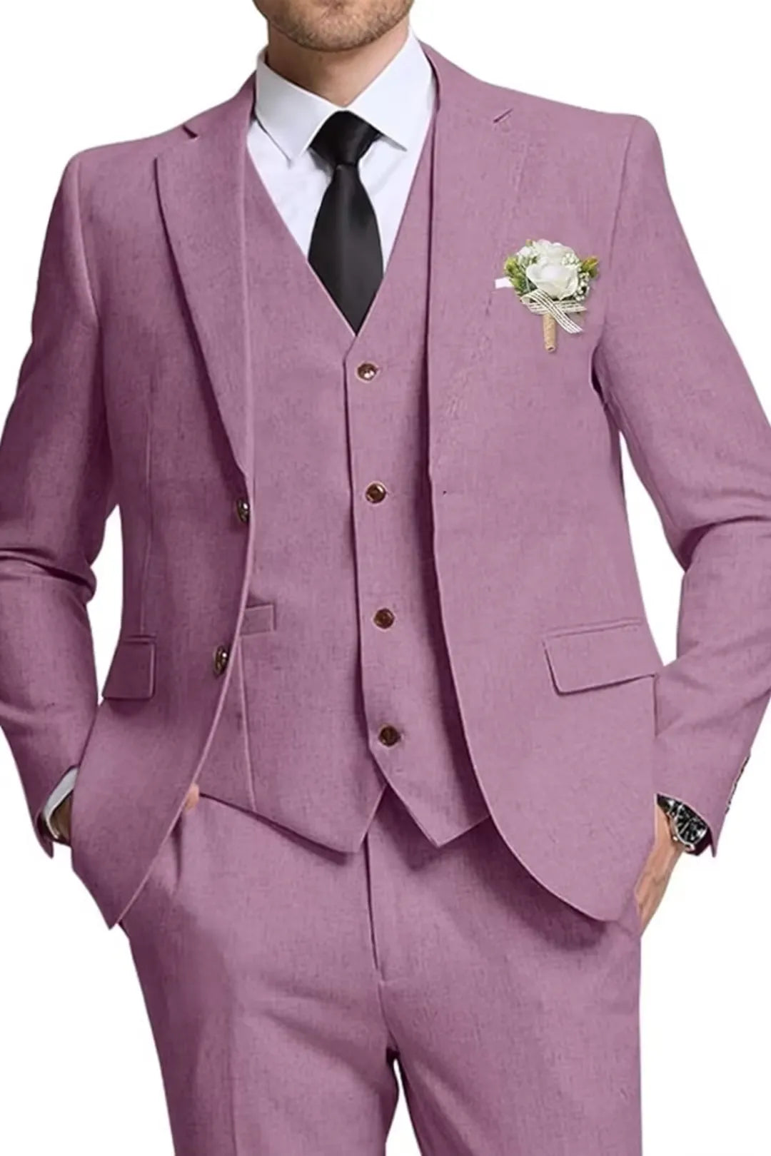 Light Purple Linen 3 Piece Wedding Suit for Men – Slim Fit Blazer, Vest & Pants – Wehilion® ™