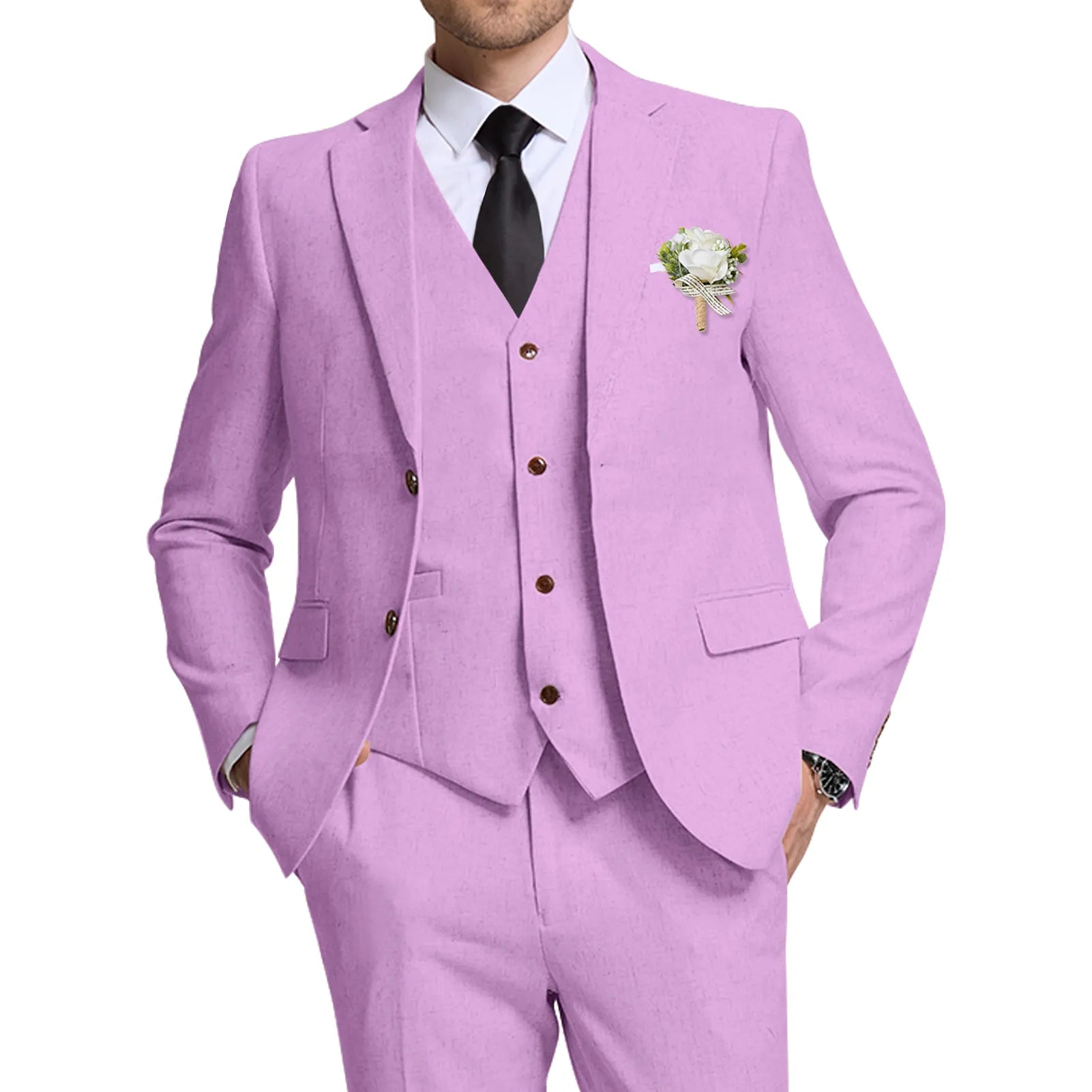 Wehilion® ™ purple linen wedding suit for men – front view with blazer, vest, and pants