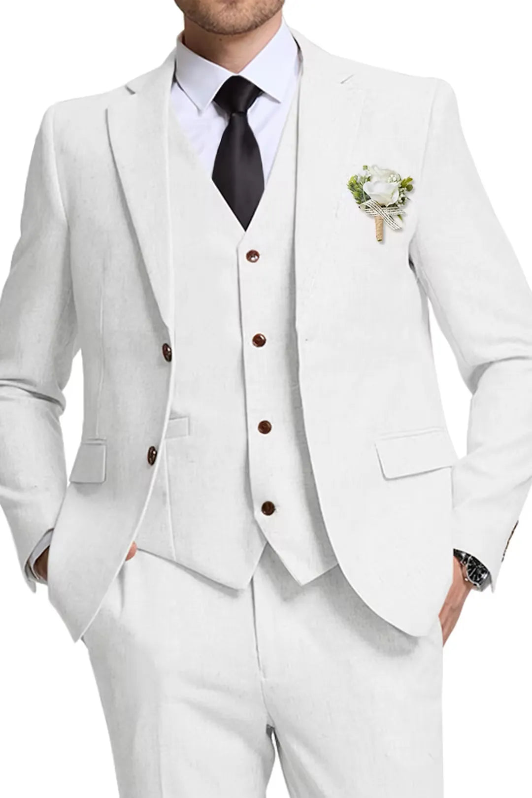 White Linen 3 Piece Wedding Suit for Men – Slim Fit Blazer, Vest & Pants – Wehilion® ™