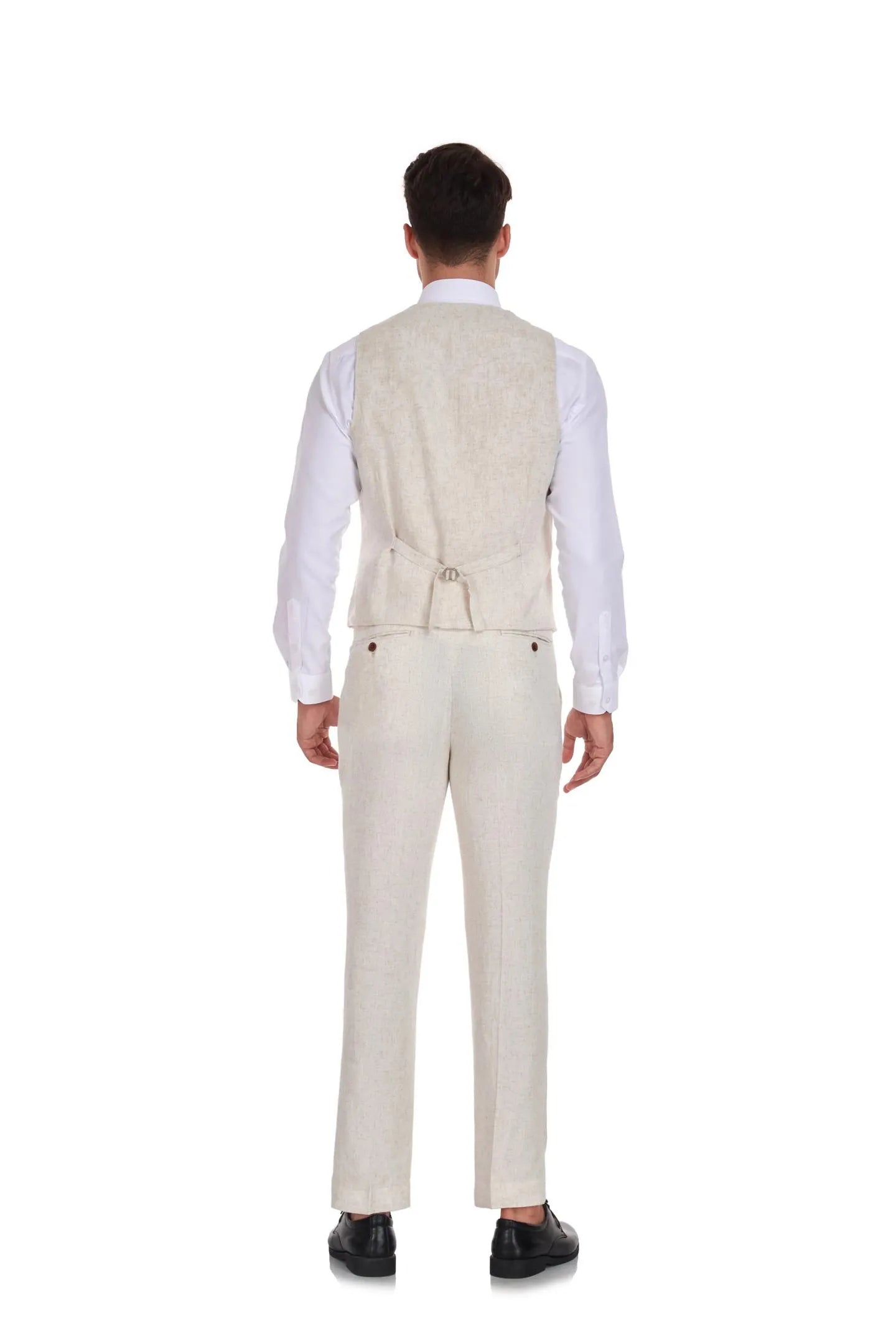 back view of men's beige grey linen 3 piece suit vest and trousers – tailored summer wedding style