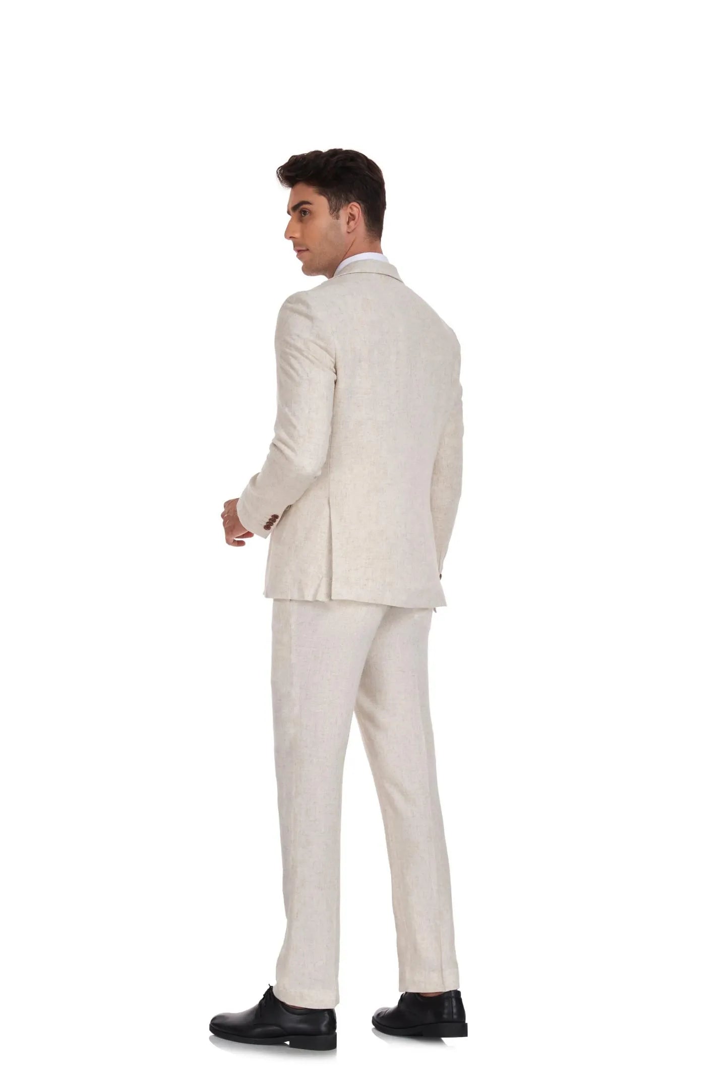 back view of beige linen 3 piece suit for men – tailored blazer and trousers for retro beach wedding style