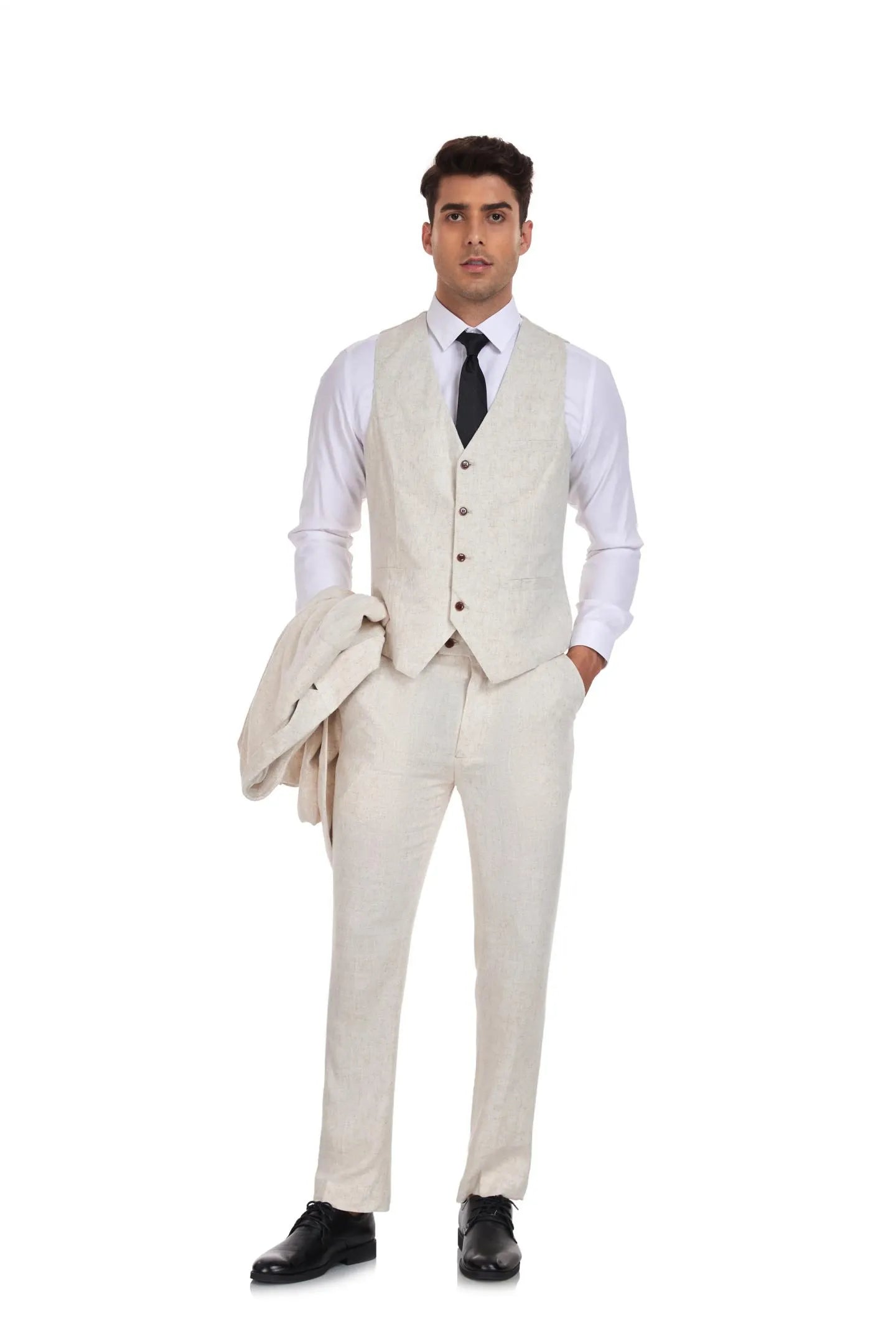 men's beige 3 piece linen suit featuring vest and trousers – slim fit retro wedding outfit for summer events