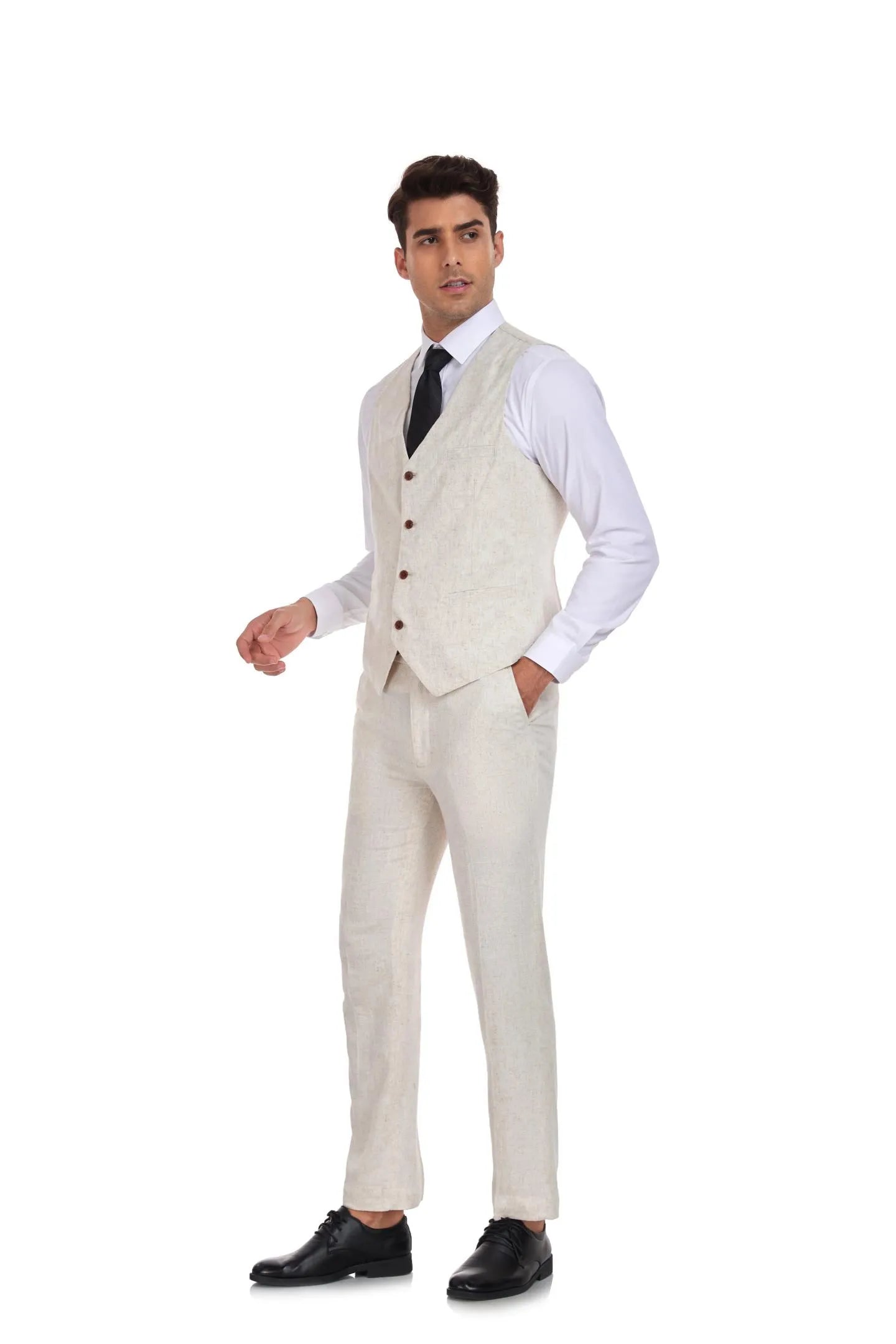 side angle of men's beige 3 piece linen suit showing vest and slim trousers – summer retro wedding outfit