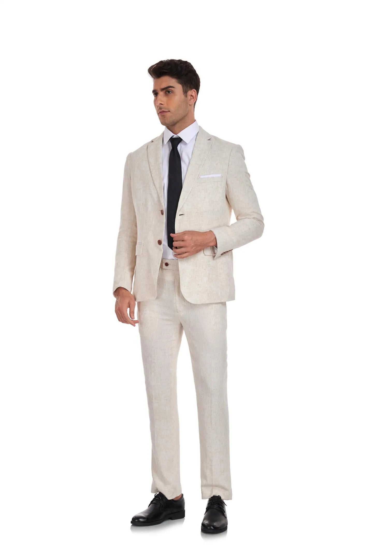 front view of beige grey 3 piece linen suit for men with blazer, vest and trousers – summer beach wedding style