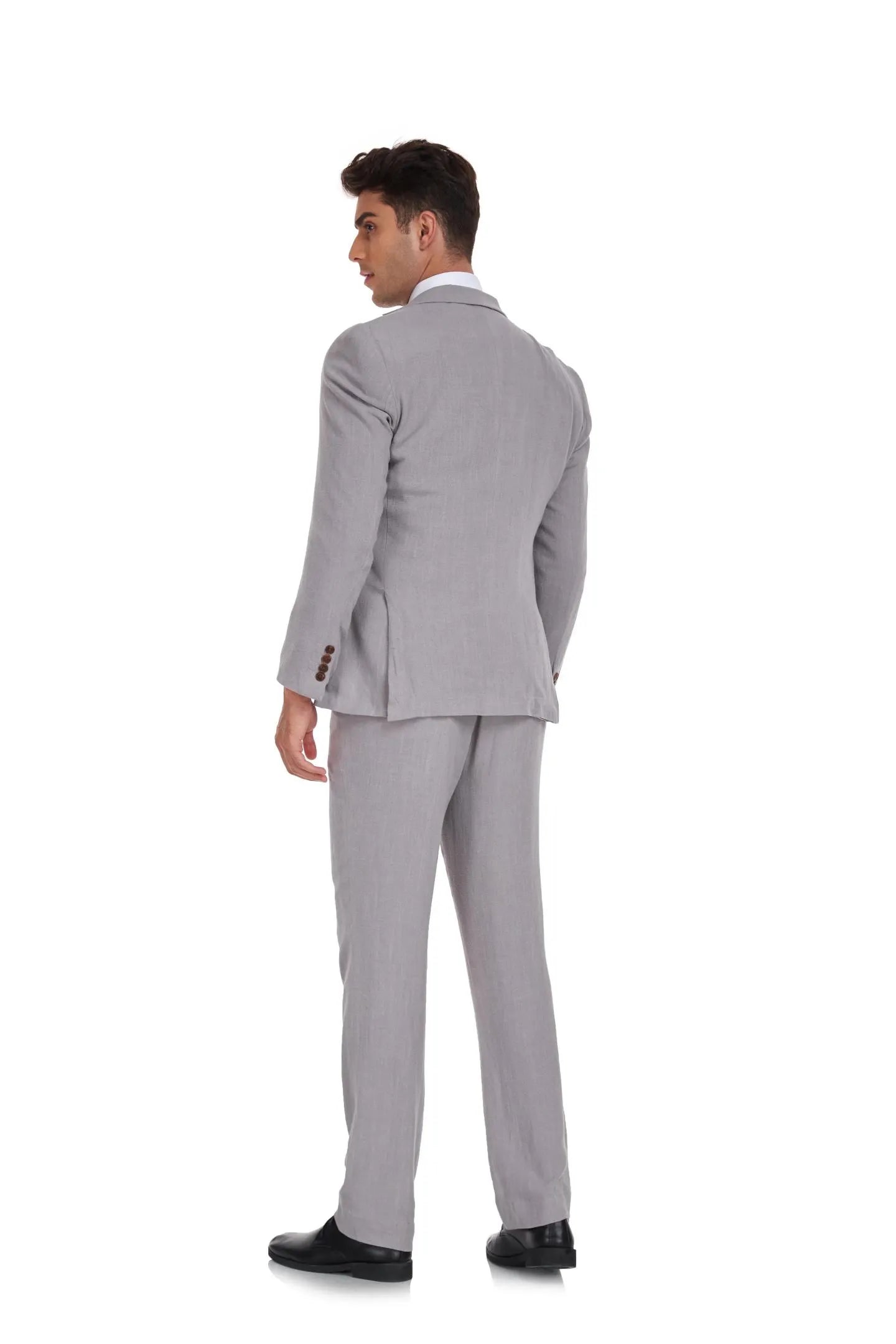 Back view of men's grey linen suit – 3 piece slim fit retro wedding style, featuring blazer, trousers and vest for groom outfit.