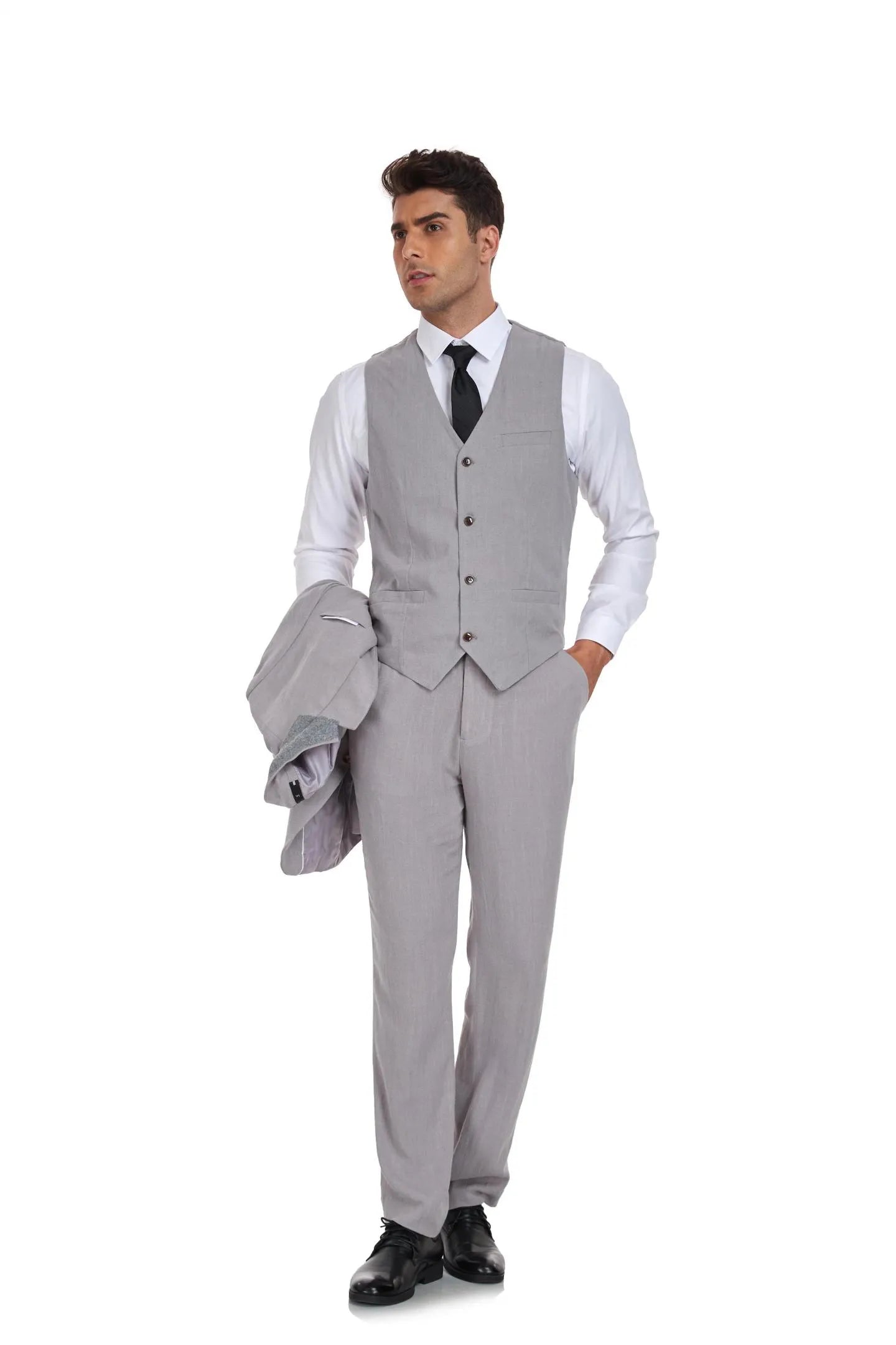 Grey linen waistcoat suit for men – 3 piece formal wedding outfit with vest and slim trousers, paired with black tie and white shirt.