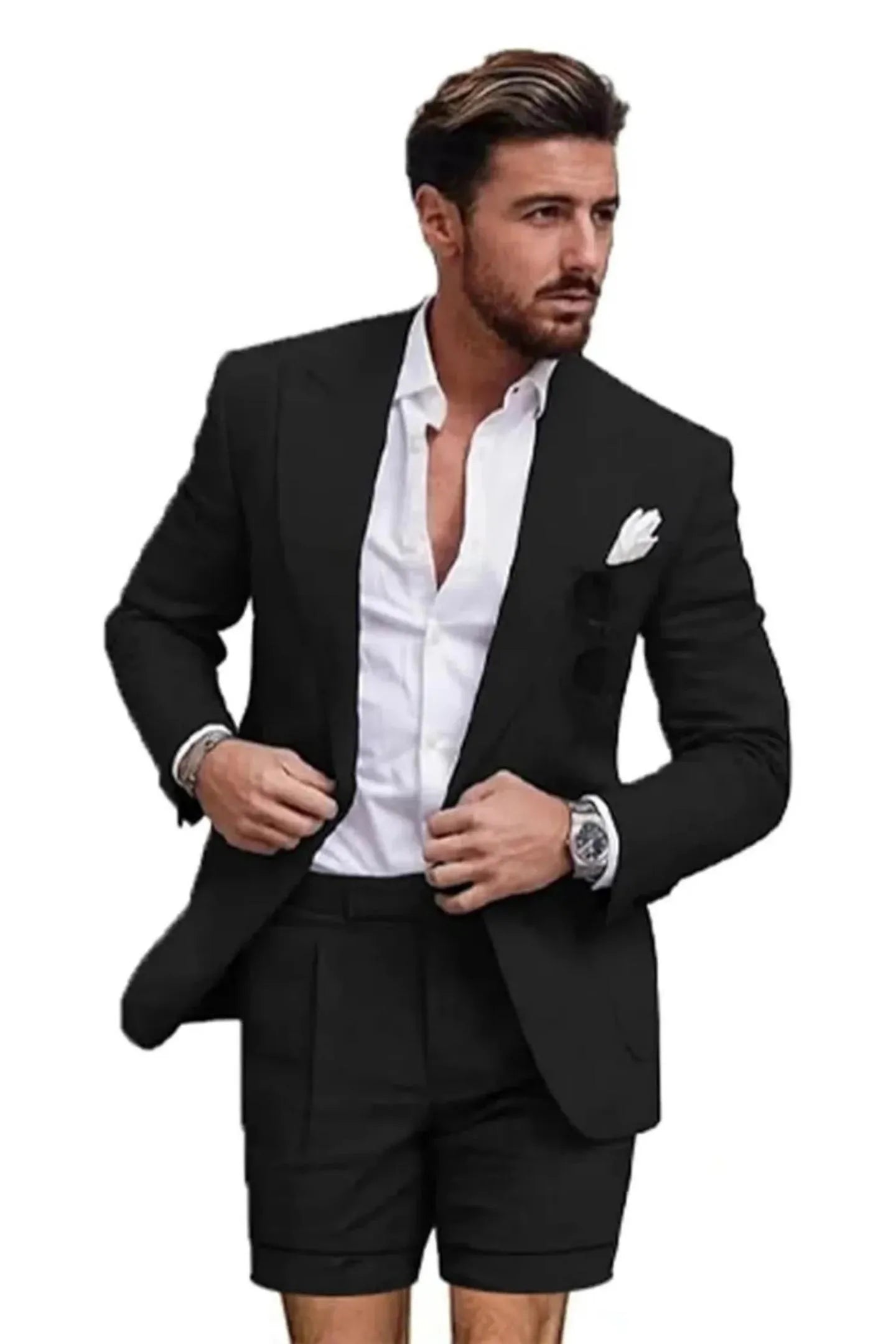 Close-up of black linen slim fit 2 piece short suit – peaked lapel blazer with shorts and white shirt, summer outfit for men.