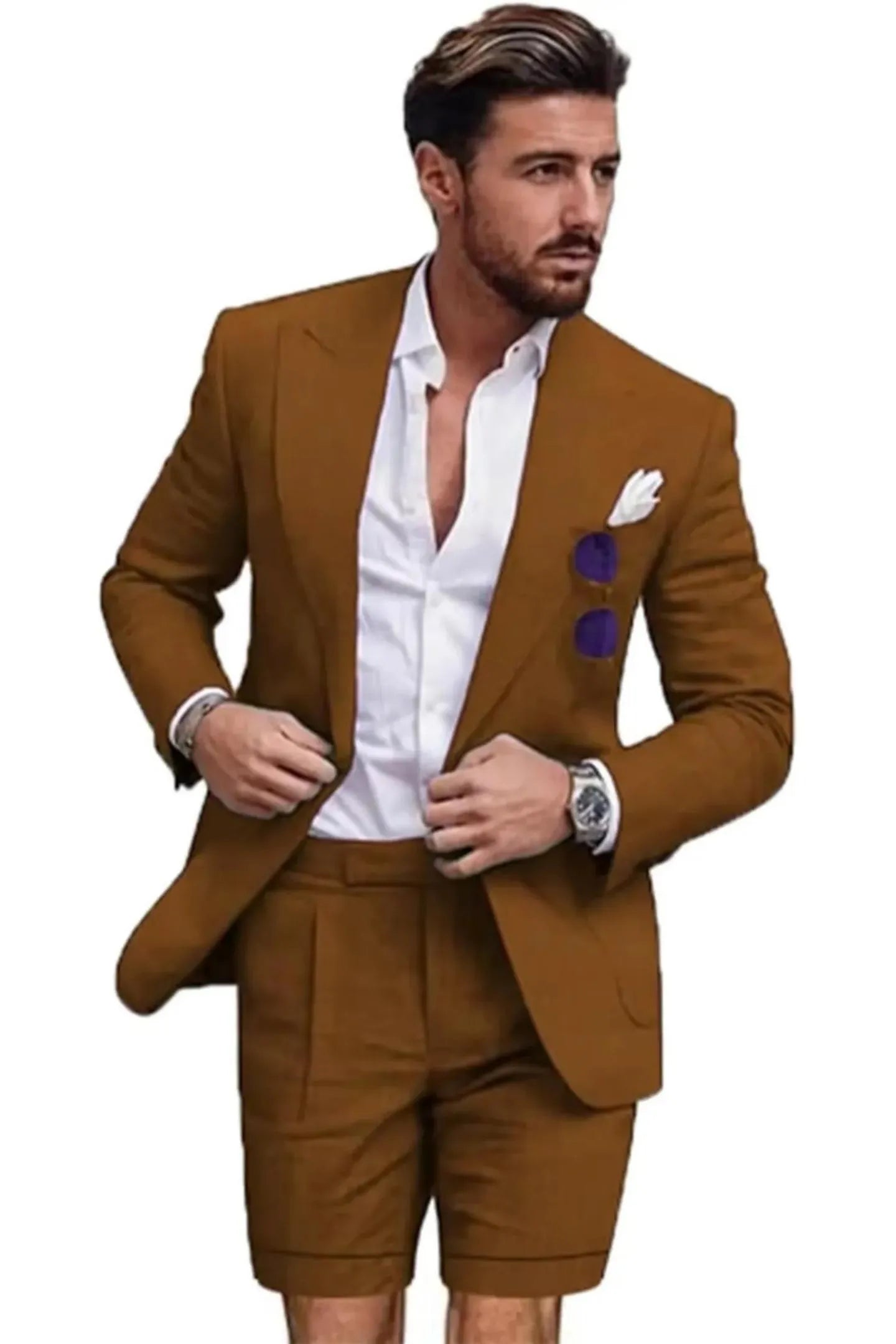Close-up of brown linen slim fit 2 piece short suit – peaked lapel blazer with shorts and white shirt, summer outfit for men.