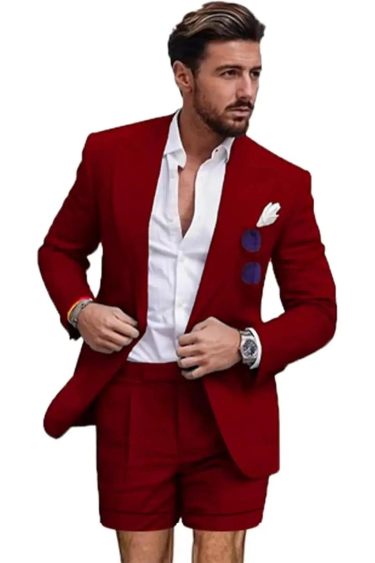 Front view of man in burgundy linen 2 piece short suit – slim fit peaked lapel blazer with shorts and white shirt for summer.