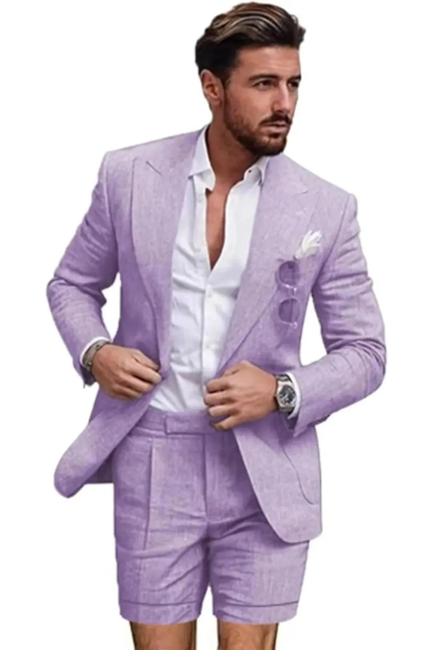 Front view of man in light purple linen 2 piece short suit – slim fit peaked lapel blazer with shorts and white shirt for summer.