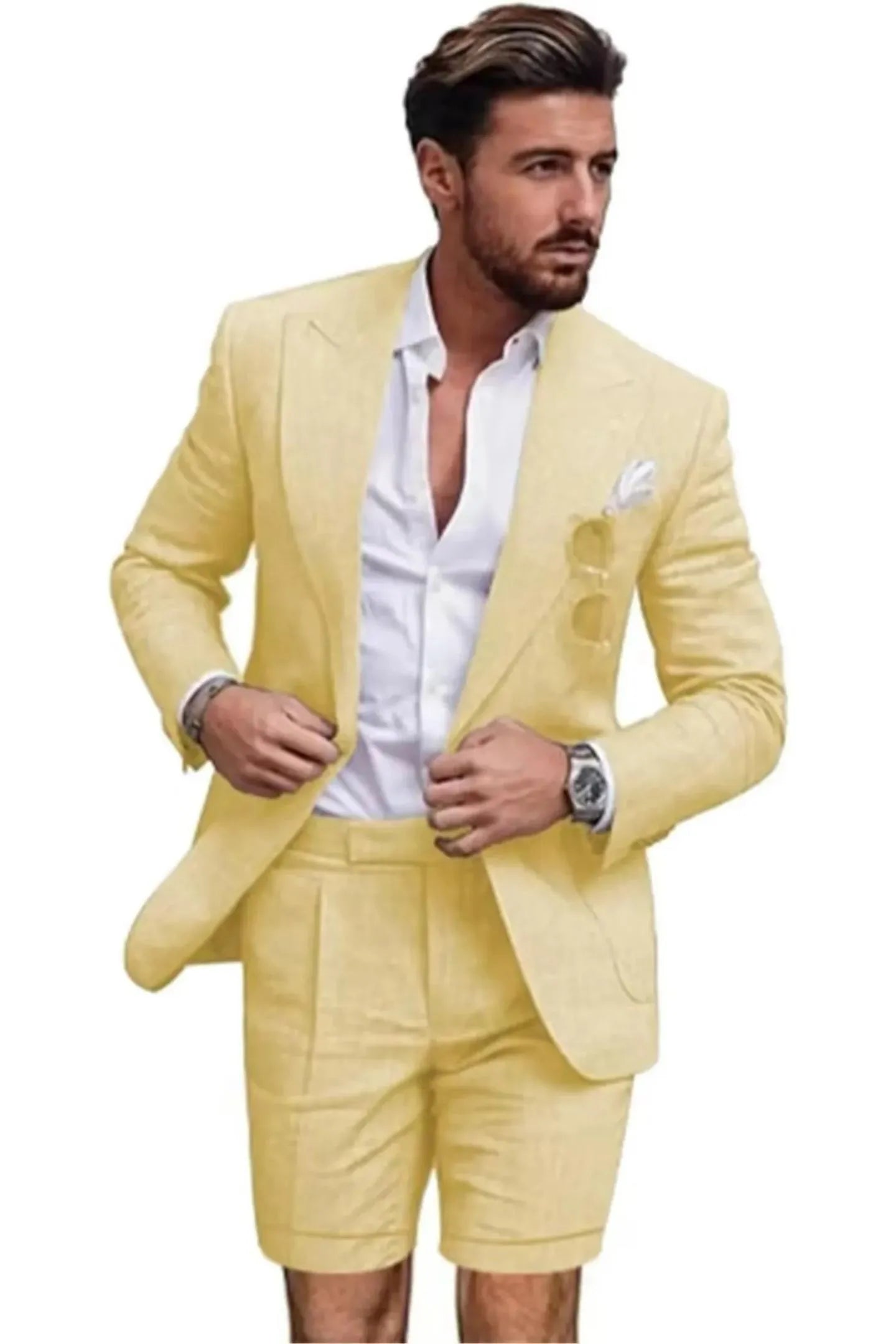 Front view of man in yellow linen 2 piece short suit – slim fit peaked lapel blazer with shorts and white shirt for summer.