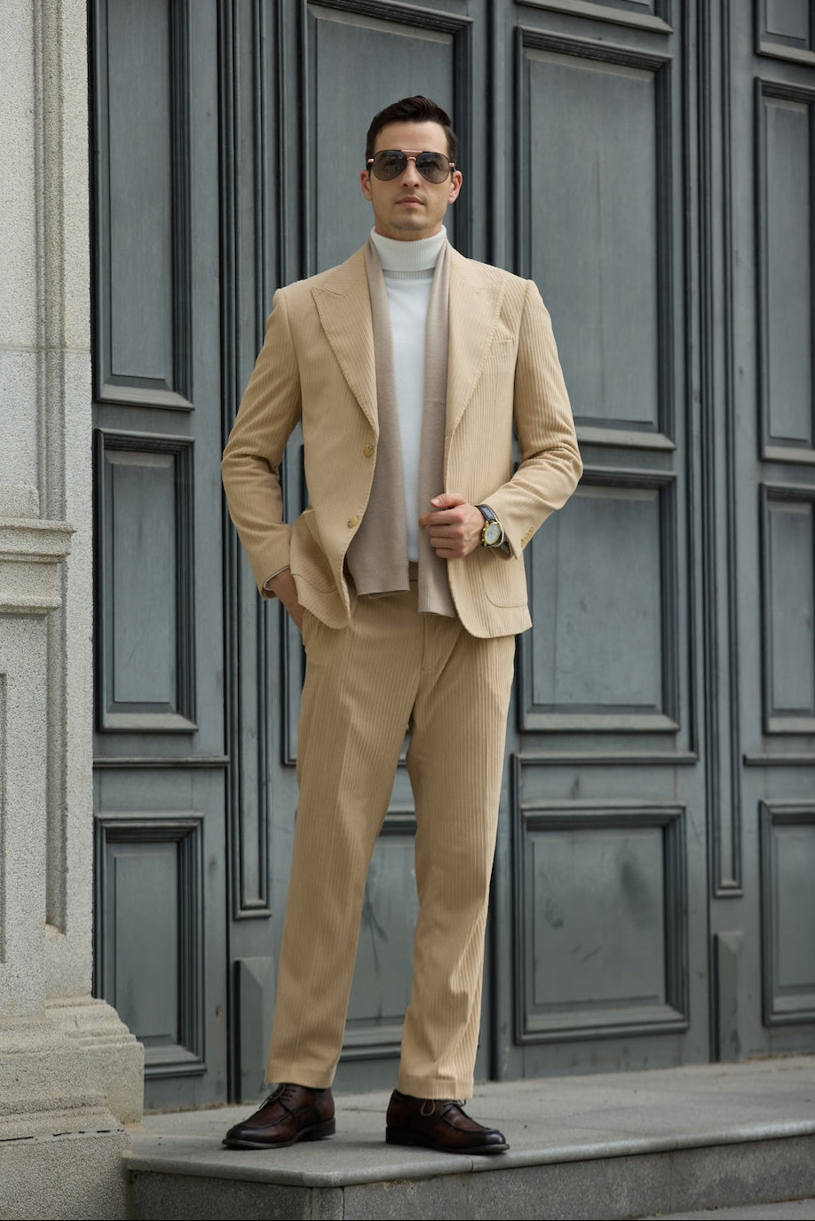 Full front view of men's beige corduroy suit – winter 2 piece set with tailored blazer and pants
