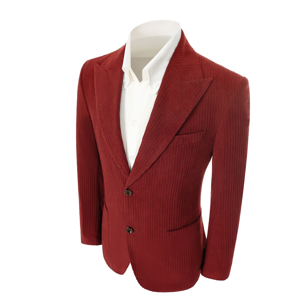 Left side of men's light wine red corduroy blazer – classic peak lapel and tailored fit
