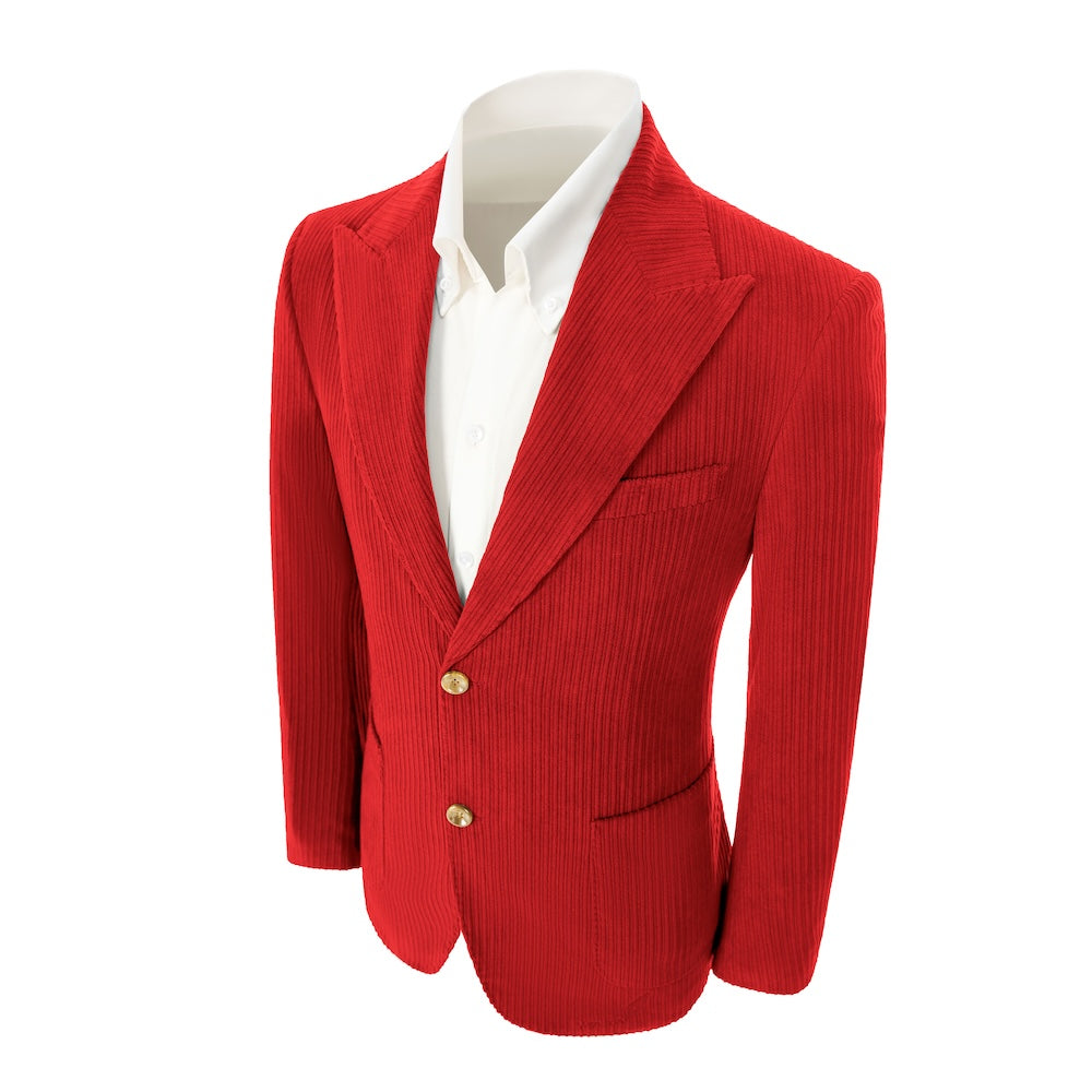 Left side of men's red corduroy blazer – classic peak lapel and tailored fit