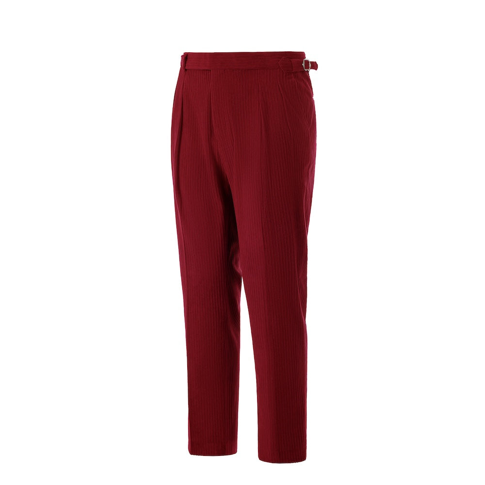 Side view of retro red corduroy pants – tailored leg and winter style finish