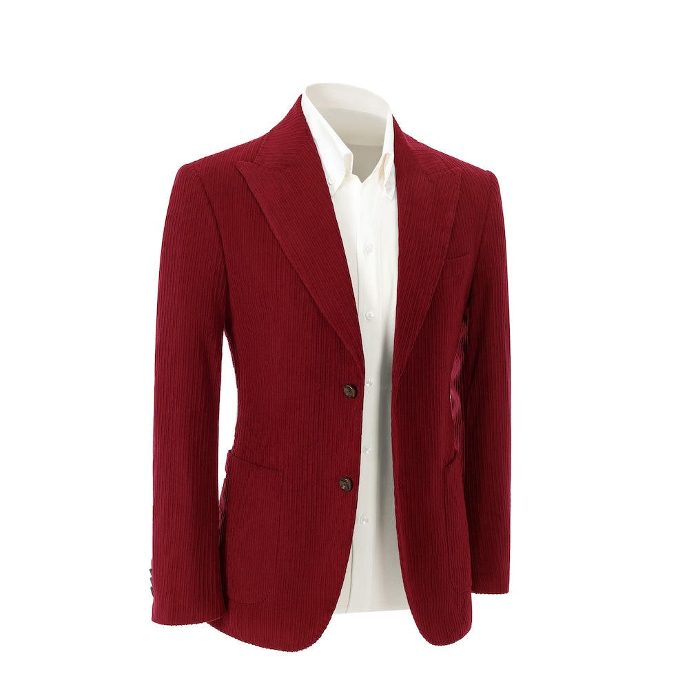 Right side view of retro red corduroy blazer – winter 2 piece suit jacket style