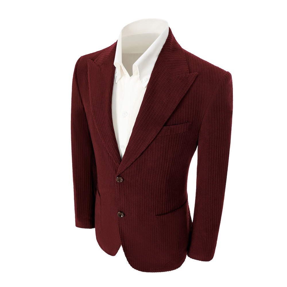 Left side of men's wine red corduroy blazer – classic peak lapel and tailored fit