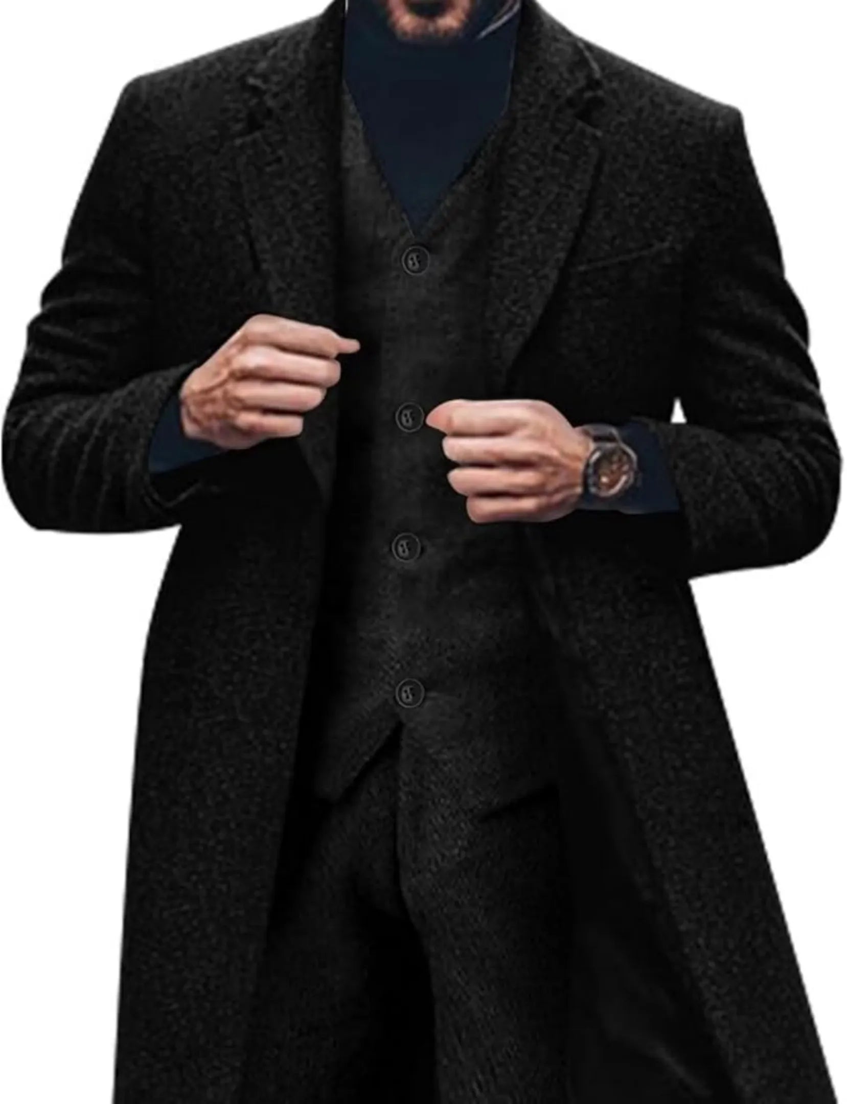 men's black herringbone tweed 3 piece suit with long blazer, styled with black turtleneck and wristwatch for a modern business look.