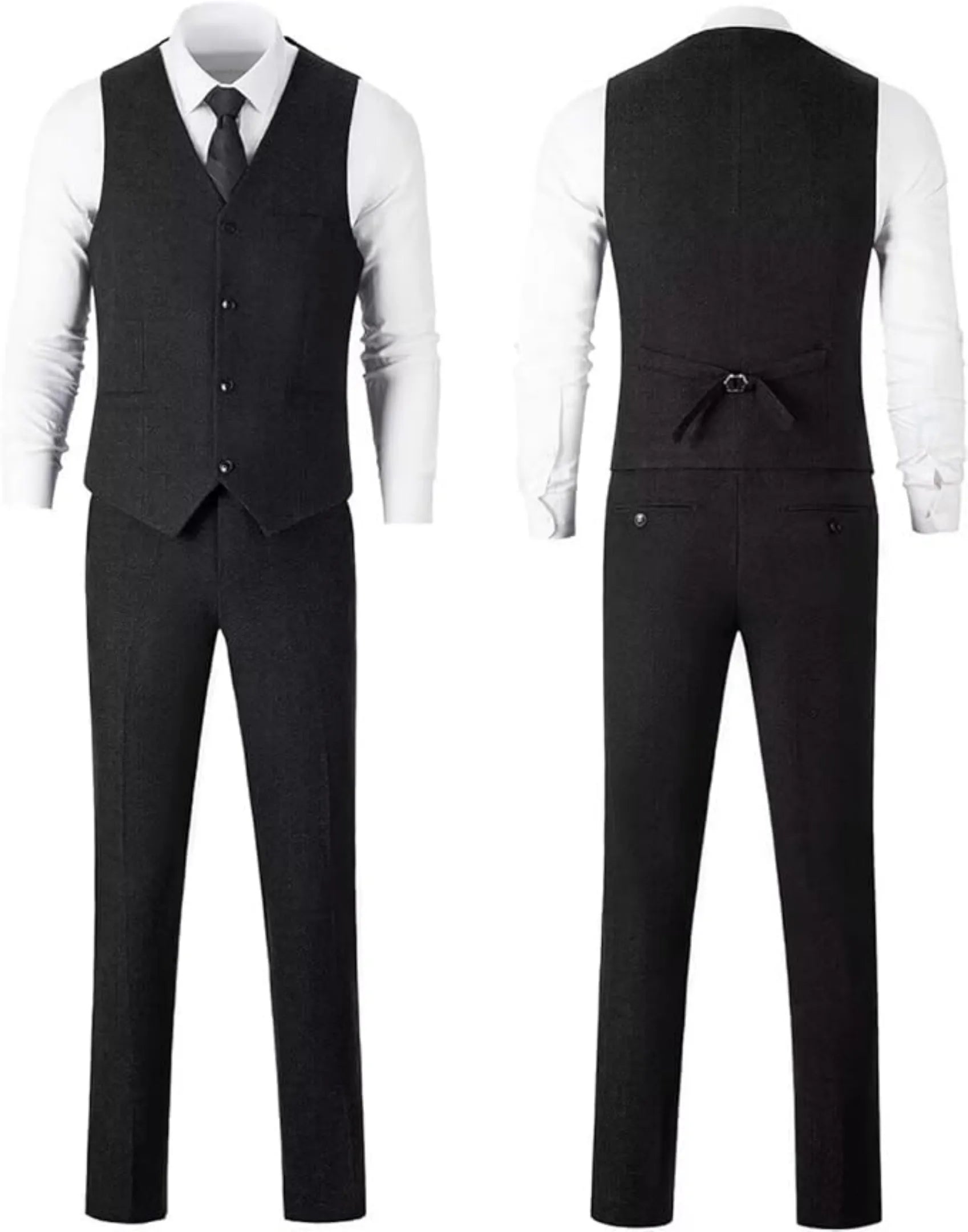 front and back view of men's black retro herringbone 3 piece suit vest and trousers with classic white shirt and tie