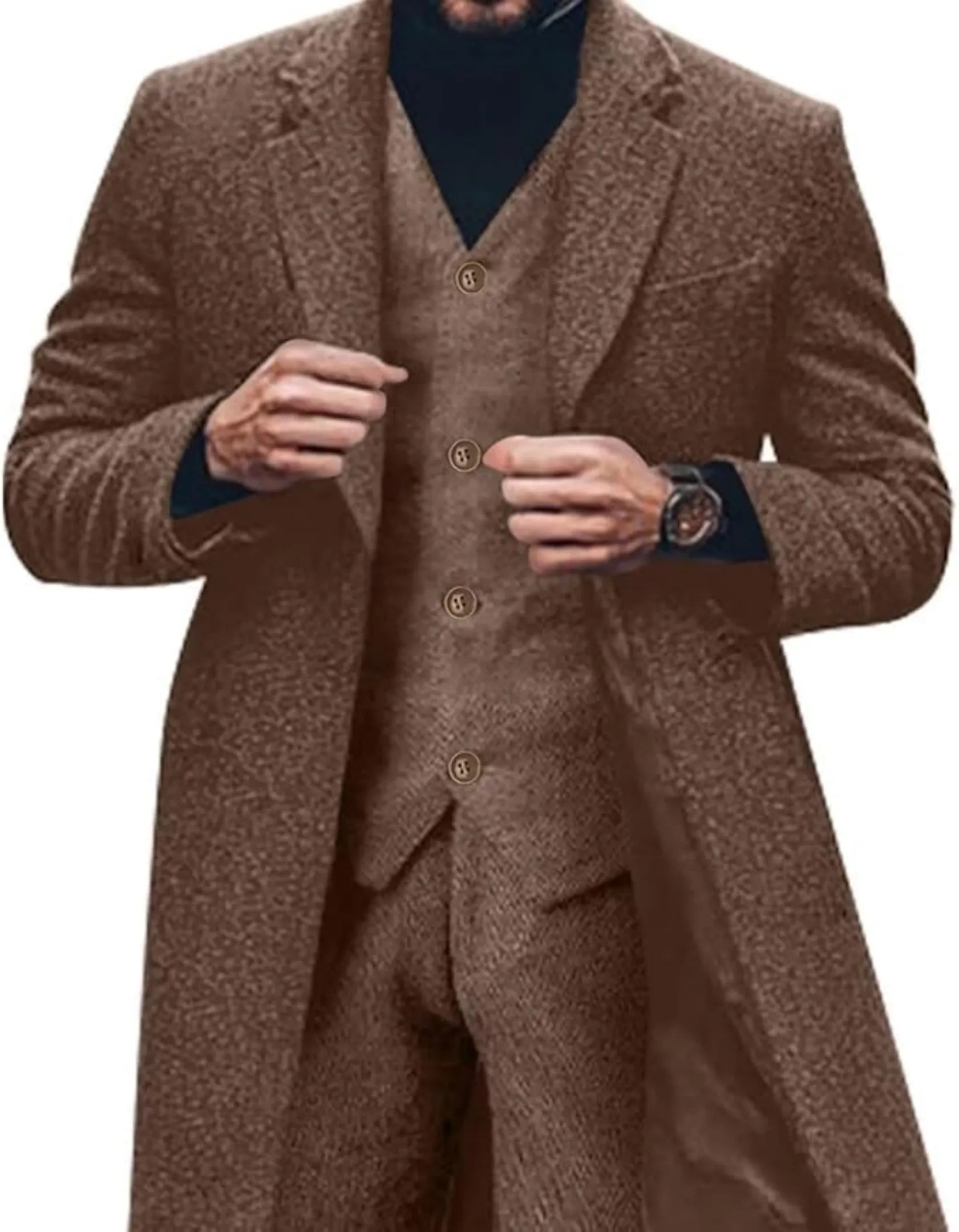 brown herringbone tweed 3 piece suit with long blazer, styled with black turtleneck, buttoned vest and watch.