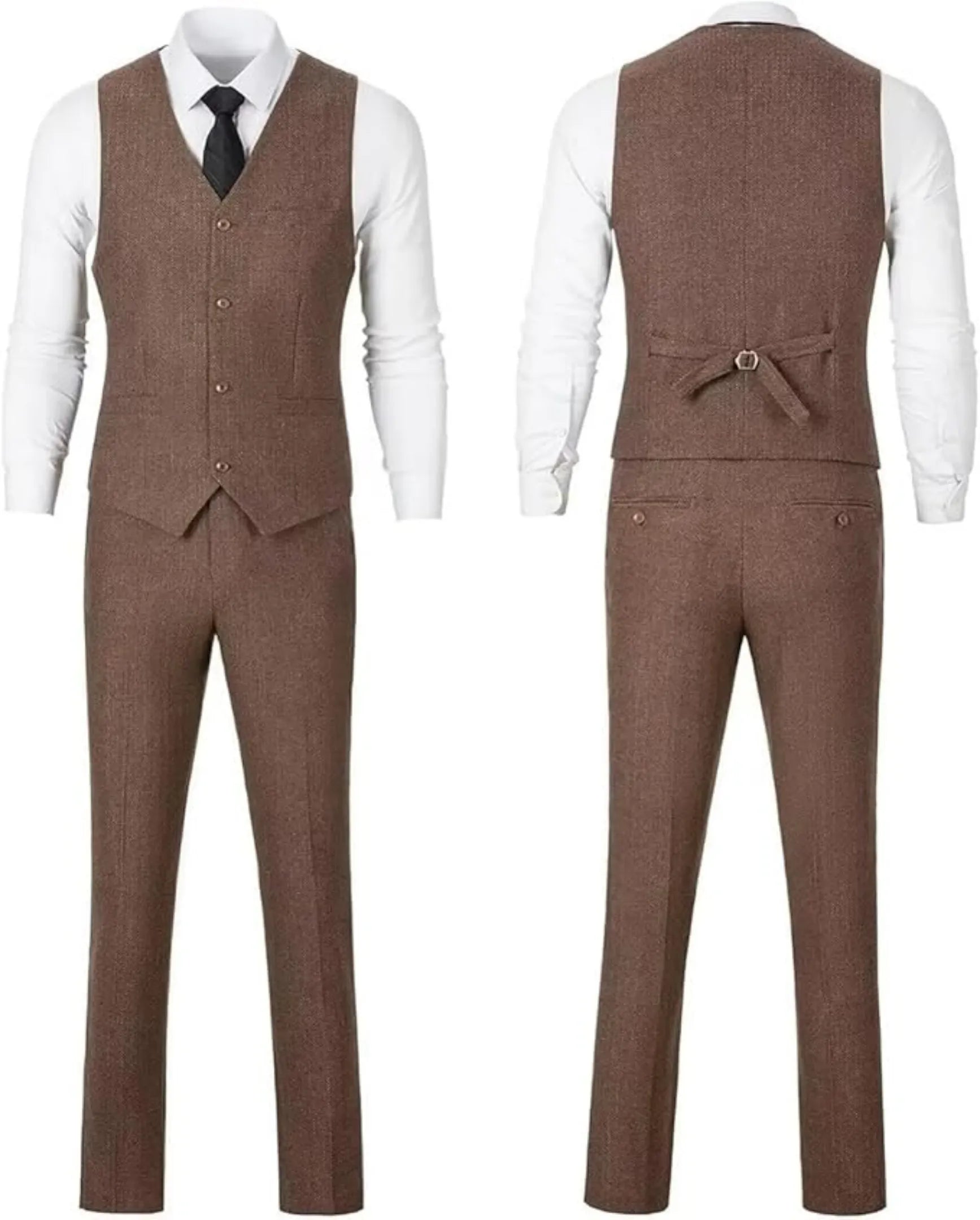 brown herringbone vest and pants from 3 piece suit, front and back view on mannequin with white shirt and black tie.