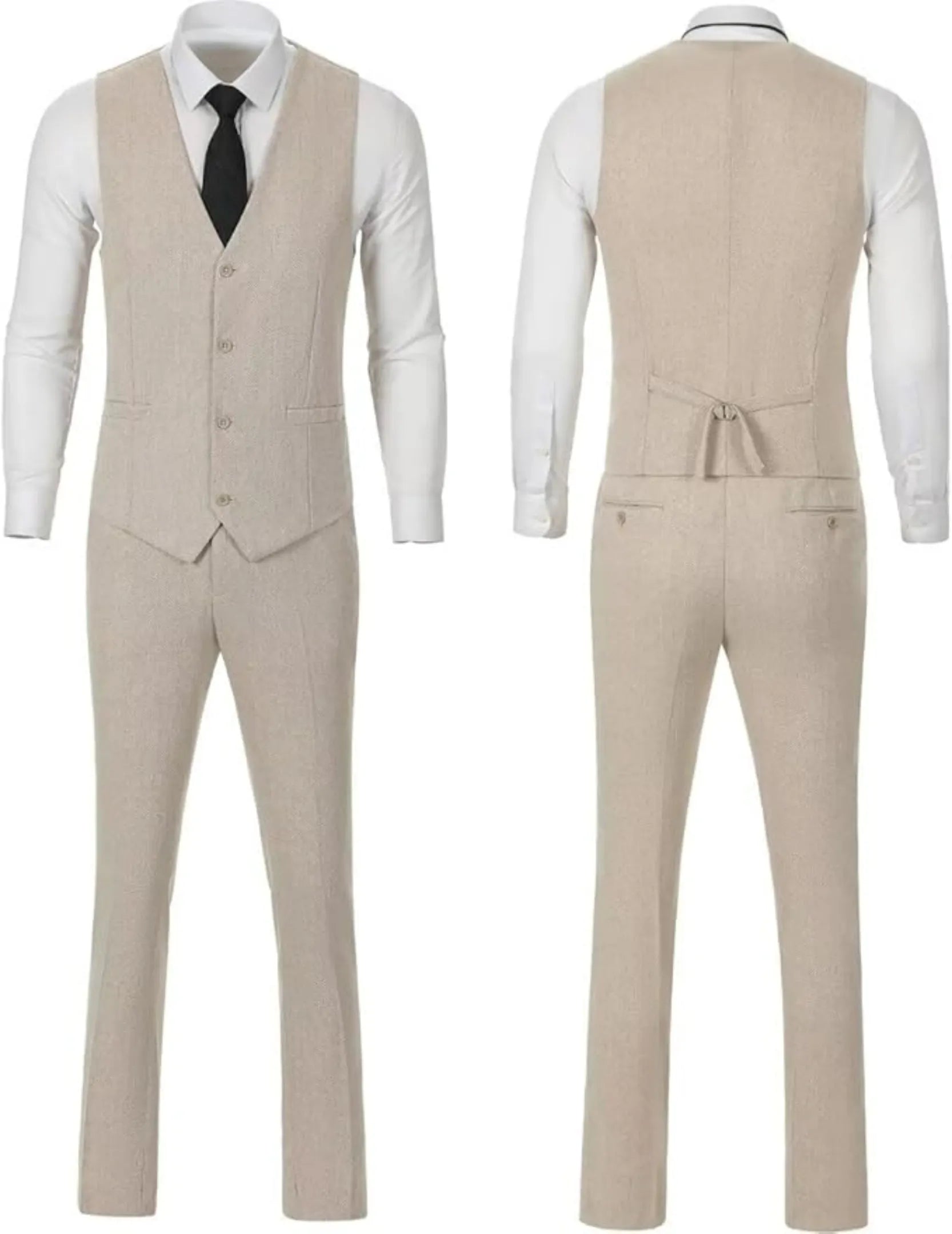 front and back display of champagne herringbone vest and trousers, slim fit tailoring with adjustable back strap and dress shirt styling.