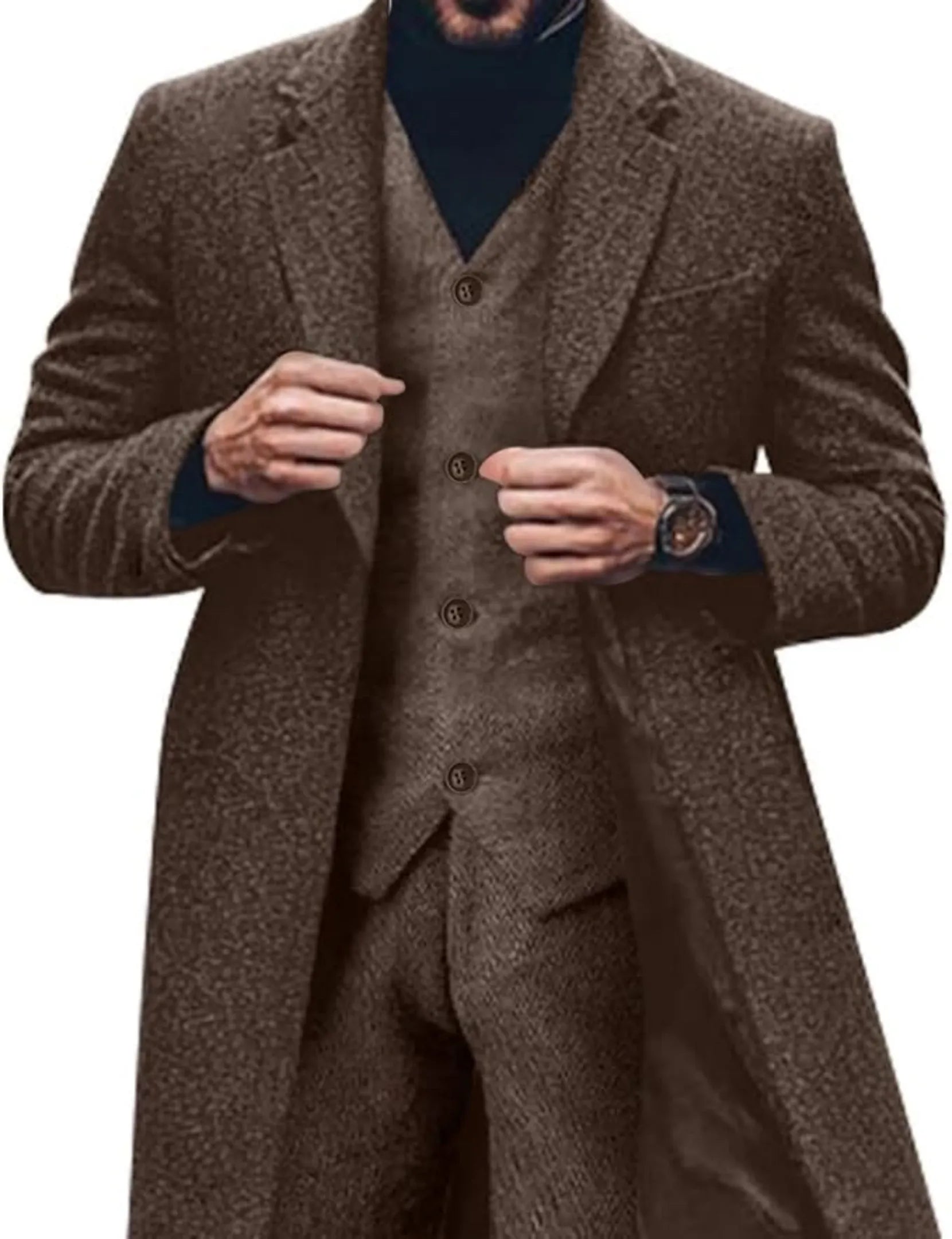 men's dark brown herringbone tweed 3 piece suit featuring long blazer and vest, styled with black turtleneck for a vintage formal vibe.