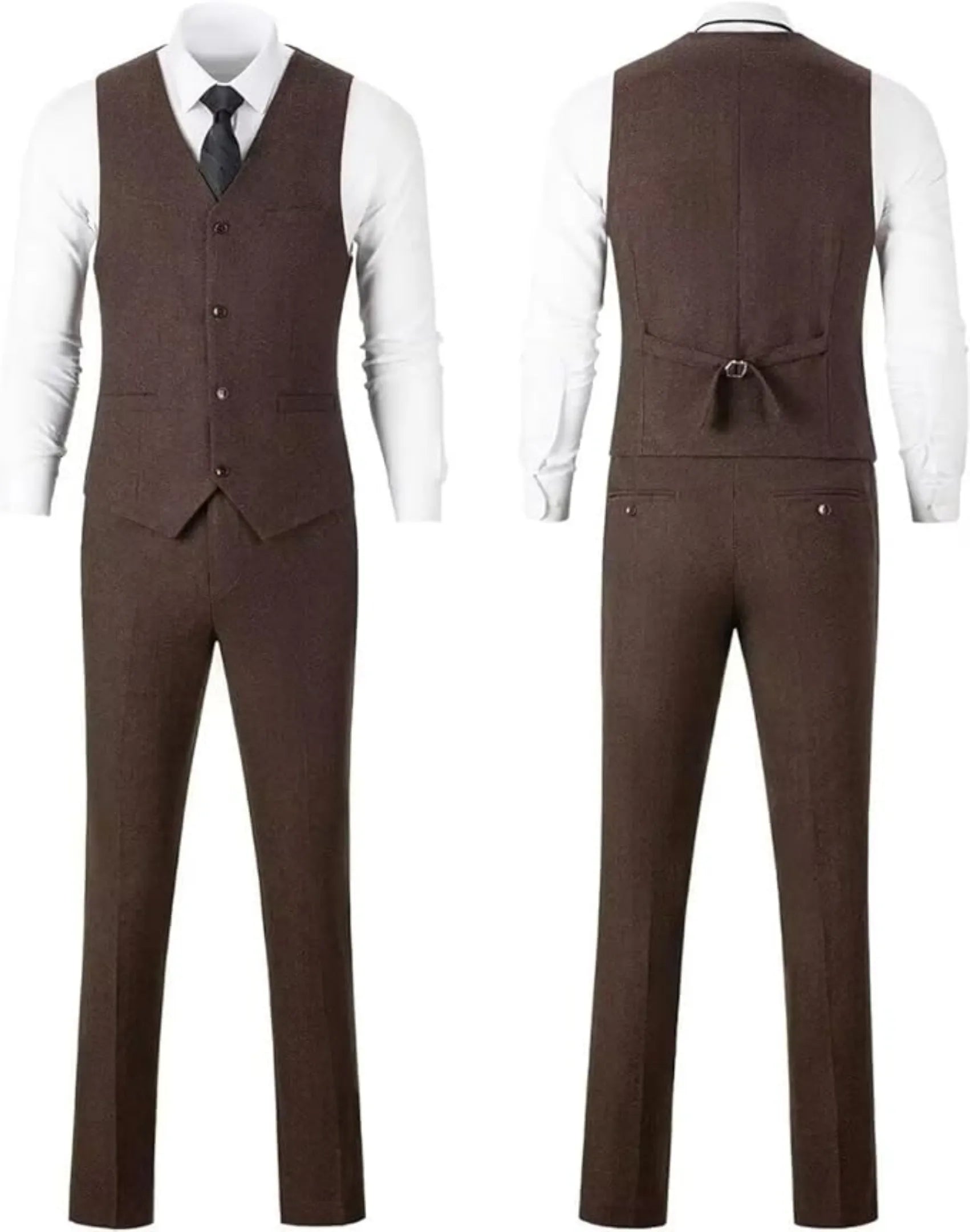dark brown herringbone vest and matching pants from men's 3 piece tweed suit set, showing front and back tailored details.
