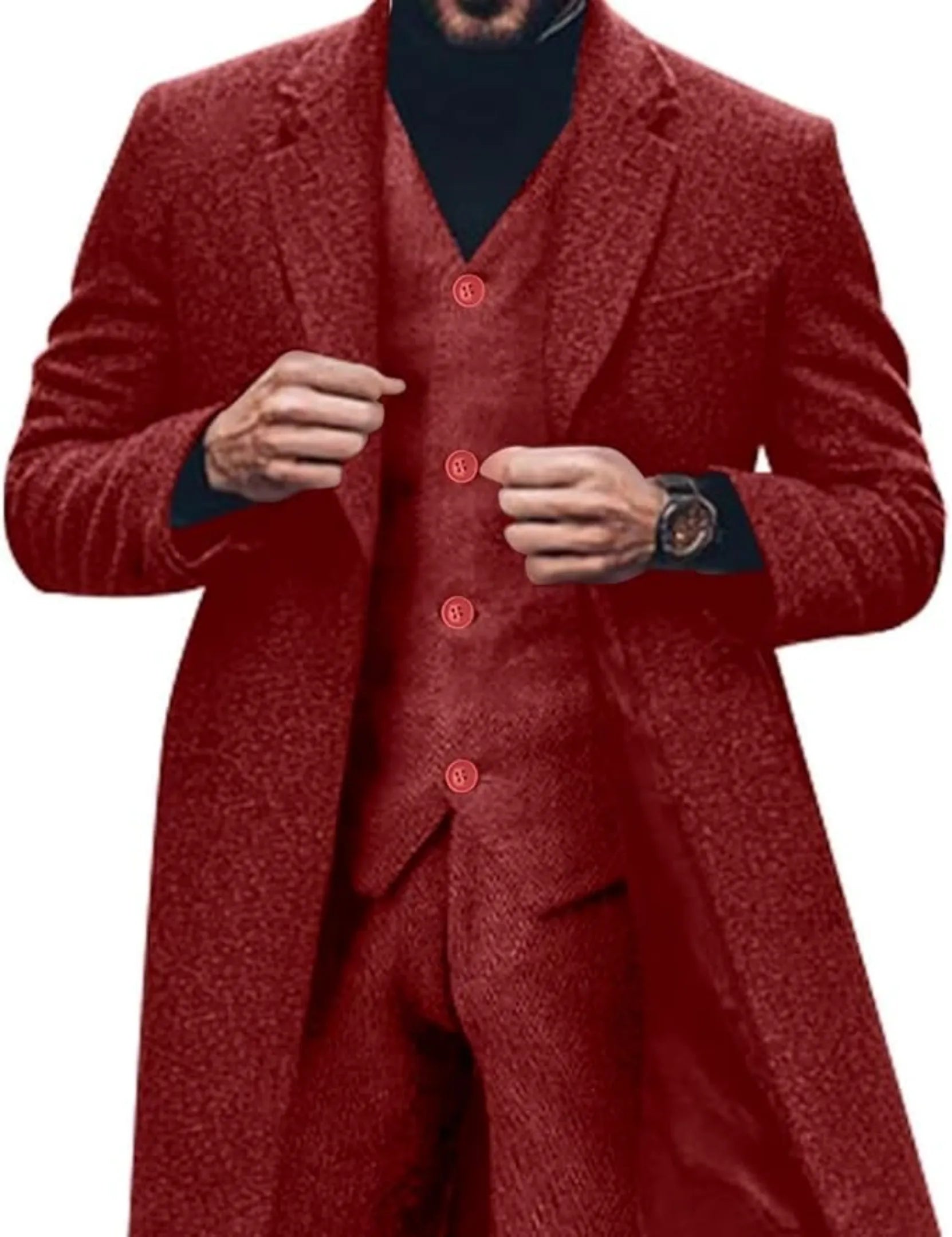 man wearing deep red herringbone long blazer suit with vest and trousers, paired with black turtleneck for a formal retro style