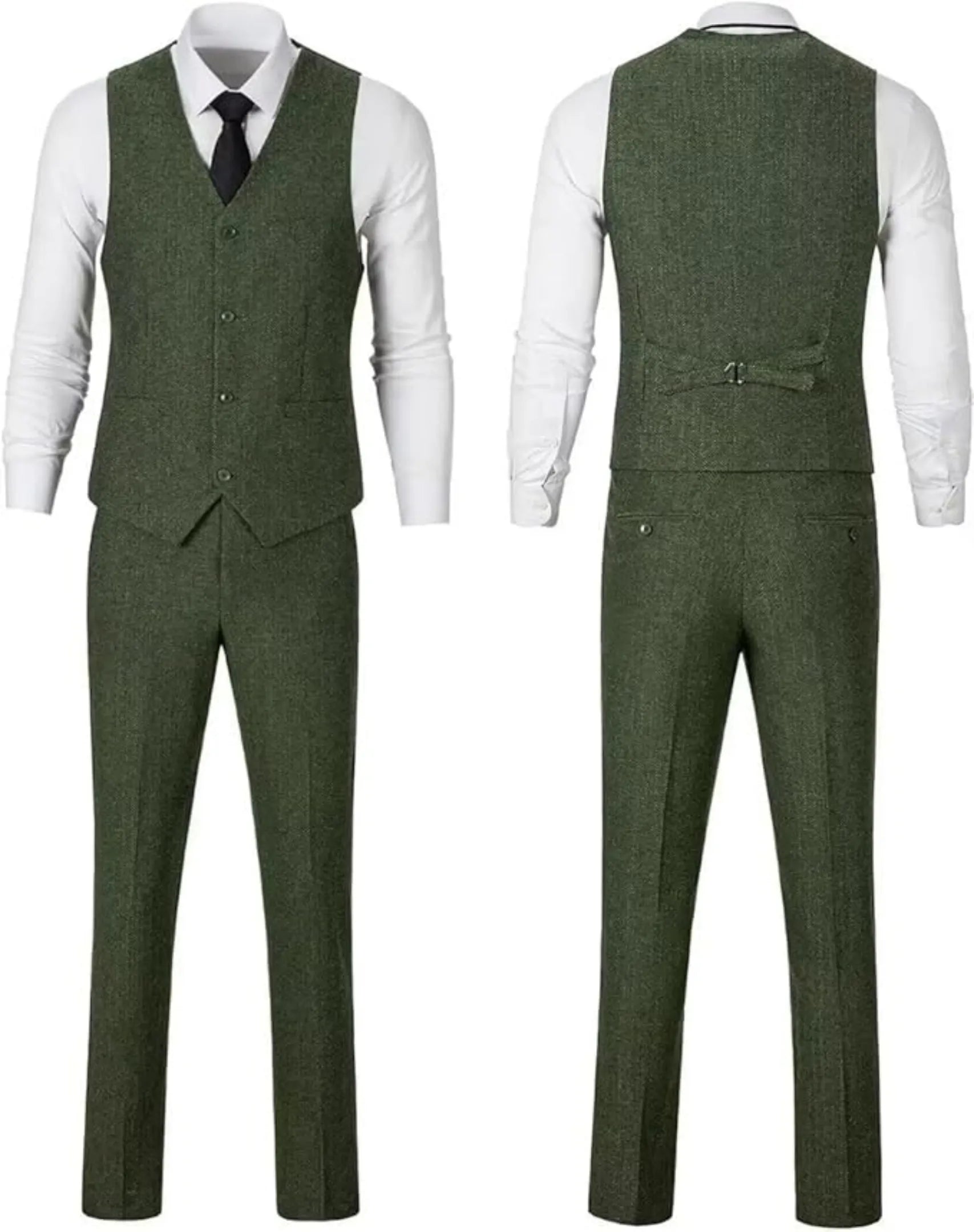 front and back view of green herringbone vest and trousers with adjustable waist, paired with white shirt and black tie.