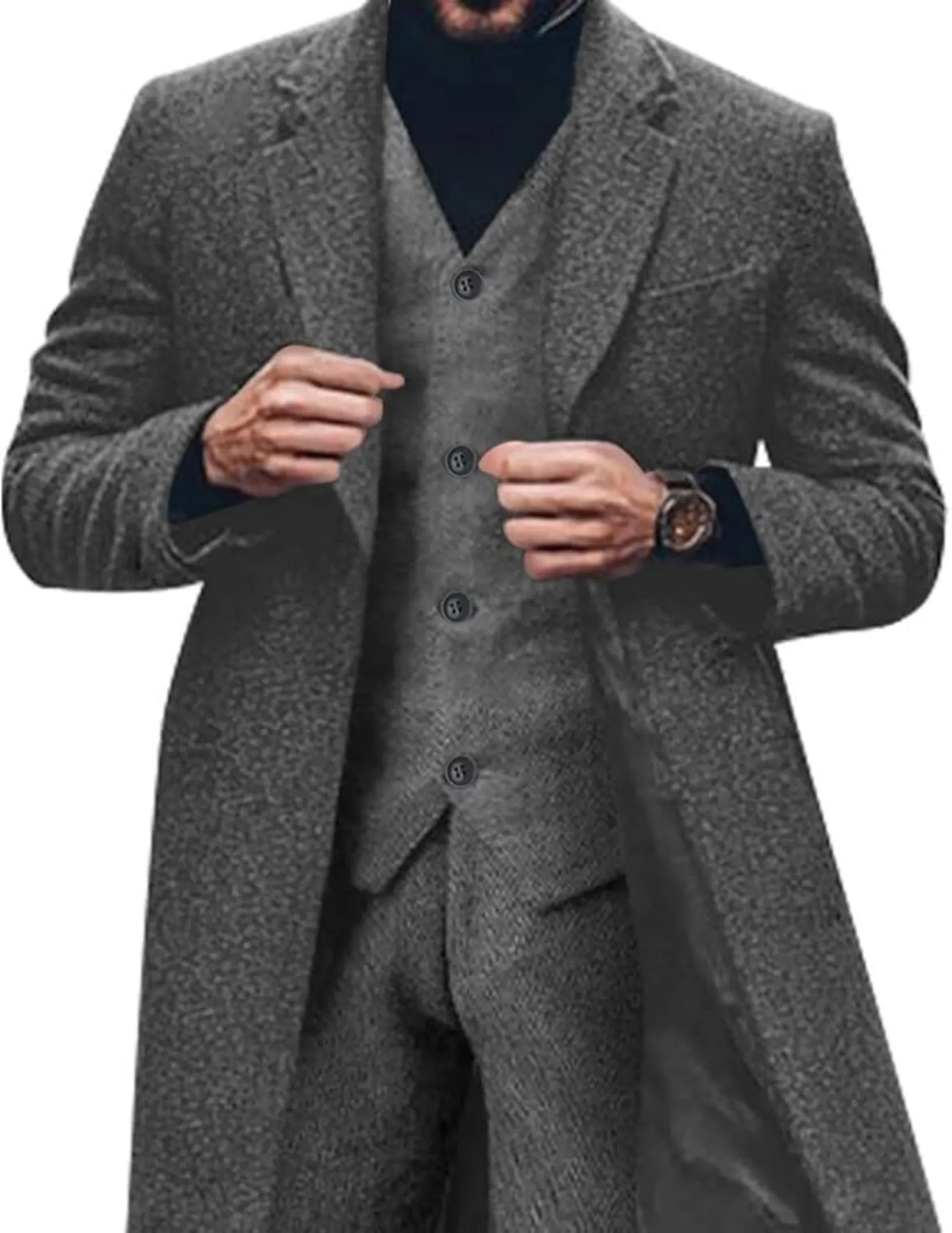 classic grey tweed herringbone 3 piece suit for men with long blazer and vest, styled with black turtleneck.