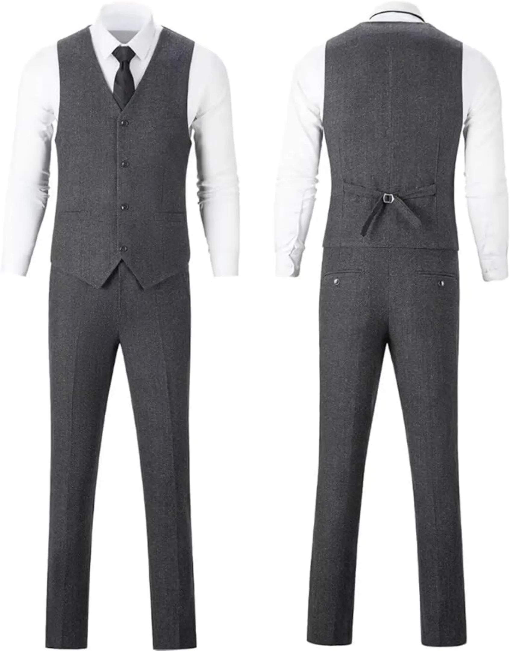 men's grey herringbone 3 piece formal suit set including vest and trousers, displayed front and back.